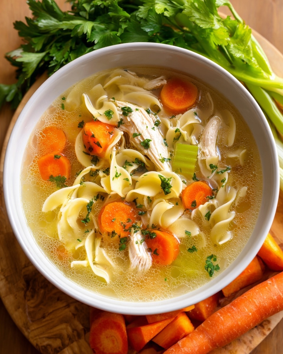 A white bowl with a blue rim holds clear yellow broth with three large pieces of white cooked meat sprinkled with black pepper, topped with a small green parsley leaf. The bowl sits on a white marbled surface with two square golden crackers on a white plate in the background and two more crackers directly on the surface, along with some fresh green parsley nearby. The lighting shows small drops of oil on the broth surface, giving a fresh and warm feeling photo taken with an iphone --ar 4:5 --v 7