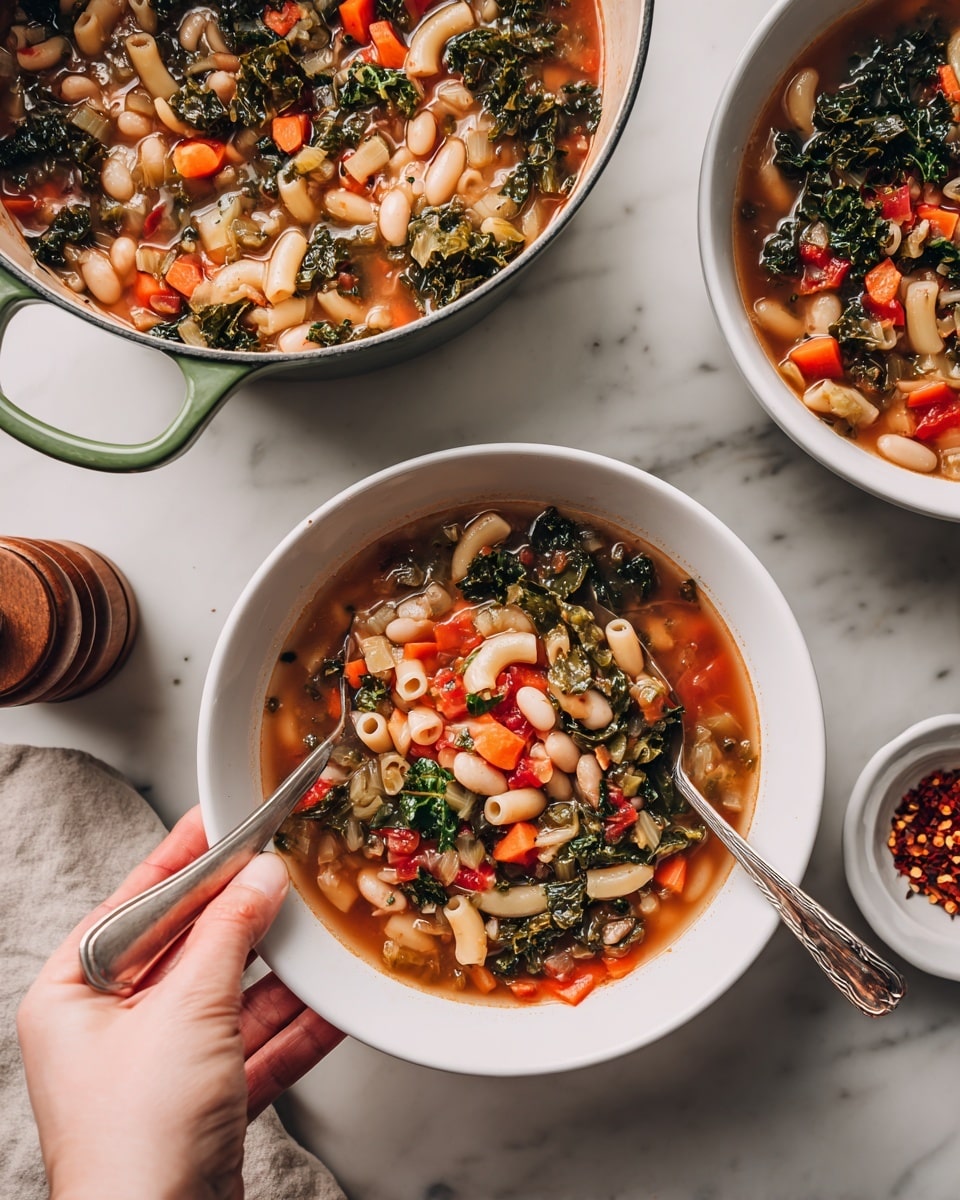 The image shows a white bowl filled with vegetable soup in the woman's hand, with a silver spoon inside. The soup has three main layers: a reddish broth base, a middle layer of small white beans and tubular pasta, and a top layer of dark green kale and small bits of carrots and tomatoes. In the background, there is a white pot with a green handle also filled with the soup, revealing the same layers with bright orange carrots, leafy kale, white beans, and small pasta pieces. Another white bowl with the same soup is partially visible on the right. The surface is a white marbled texture and there is a small white dish with red chili flakes and a brown pepper mill nearby. Photo taken with an iphone --ar 4:5 --v 7