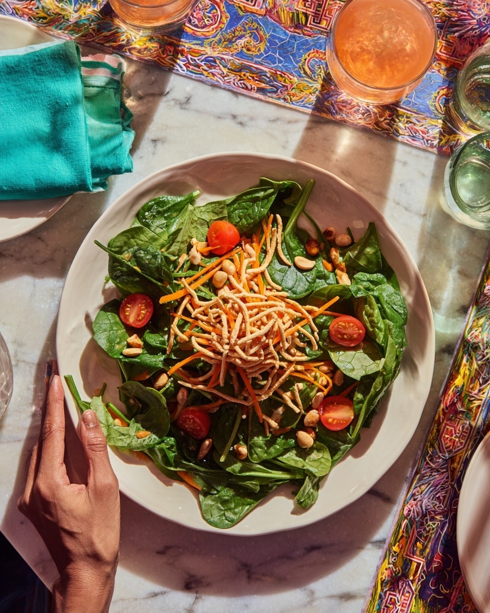 A large white plate sits on a white marbled surface, filled with a salad composed of three main layers. The bottom layer is made of fresh, dark green leafy spinach, spread evenly across the plate's base. On top of the spinach are scattered bright red tomato slices and thin orange carrot strips, adding color and texture to the salad. The top layer features a generous sprinkle of light brown peanuts and crispy thin noodle-like toppings, giving the dish a crunchy appearance. A woman's hand is partially visible on the left side, ready to serve. The table around the plate has a colorful patterned cloth with a folded teal napkin and some drinks in glasses. photo taken with an iphone --ar 4:5 --v 7