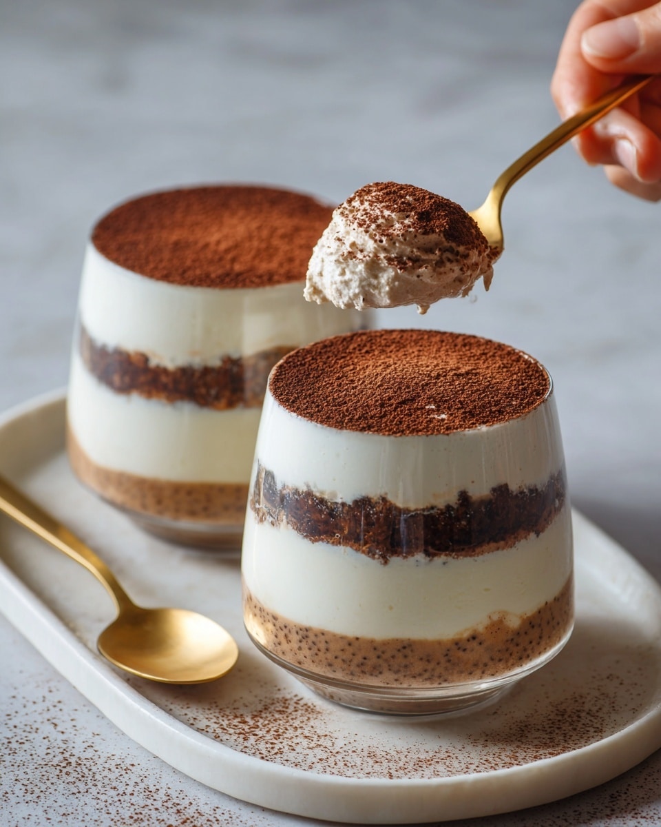 Two clear glass cups sit on a white oval plate, placed on a white marbled surface. Each cup has three layers: the bottom layer is a light brown pudding with small, dark seeds visible inside; the middle layer is a thick, smooth white cream; the top layer is a fine dusting of dark brown cocoa powder evenly spread. A golden spoon is resting on the surface next to the plate, while another golden spoon held by a woman's hand lifts a creamy scoop from one glass, showing the textured pudding mixed with cream beneath the cocoa powder. Photo taken with an iphone --ar 4:5 --v 7