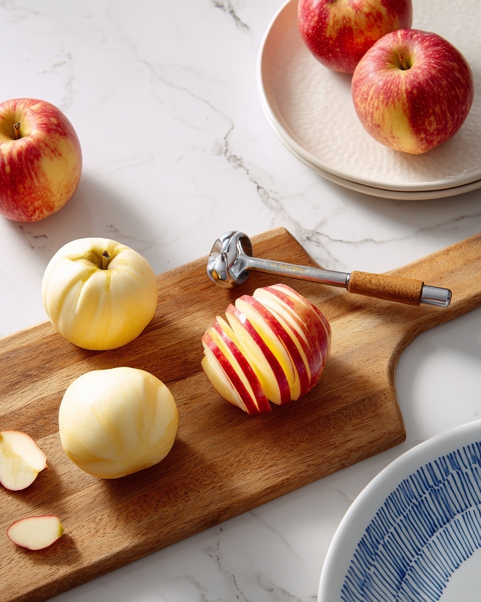 A wooden cutting board is placed on a white marbled surface, holding four apples in different stages. Three apples are fully peeled, showing smooth pale yellow skin, while one apple is partially peeled, with a spiral of red and yellow peel curling around it. A metal peeler with a wooden handle rests on top of the peels. In the background, three whole apples with red and yellow skin are placed, and a white plate with a blue striped pattern sits on the right edge. Photo taken with an iphone --ar 4:5 --v 7