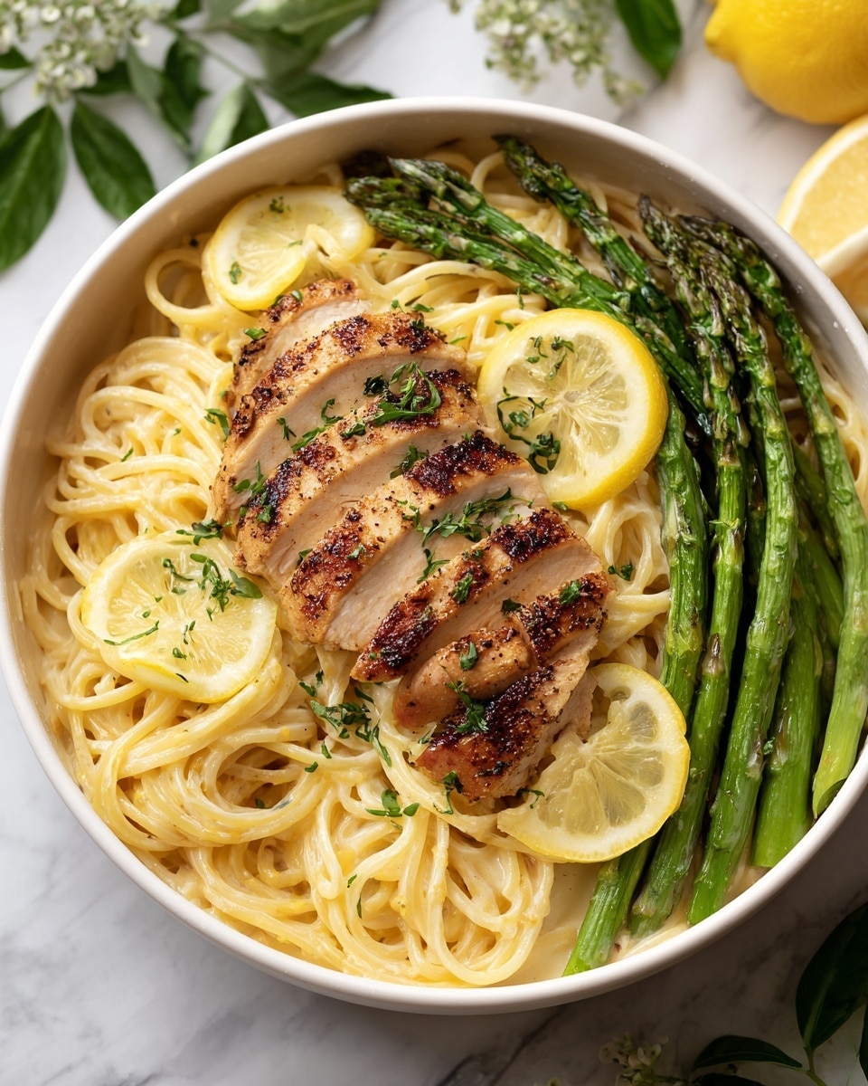 A white round pan filled with creamy spaghetti at the bottom, light yellow in color with a smooth texture, topped with bright green asparagus spears arranged around the edges and in the center. On top of the pasta and asparagus are three pieces of grilled chicken sliced into thin layers, light brown with grill marks, sprinkled with small green herbs. Around the chicken are several slices of yellow lemon, some resting on the pasta and some near the asparagus. The background shows a white marbled surface with some green leaves and a lemon wedge slightly blurred behind the pan. Photo taken with an iphone --ar 4:5 --v 7