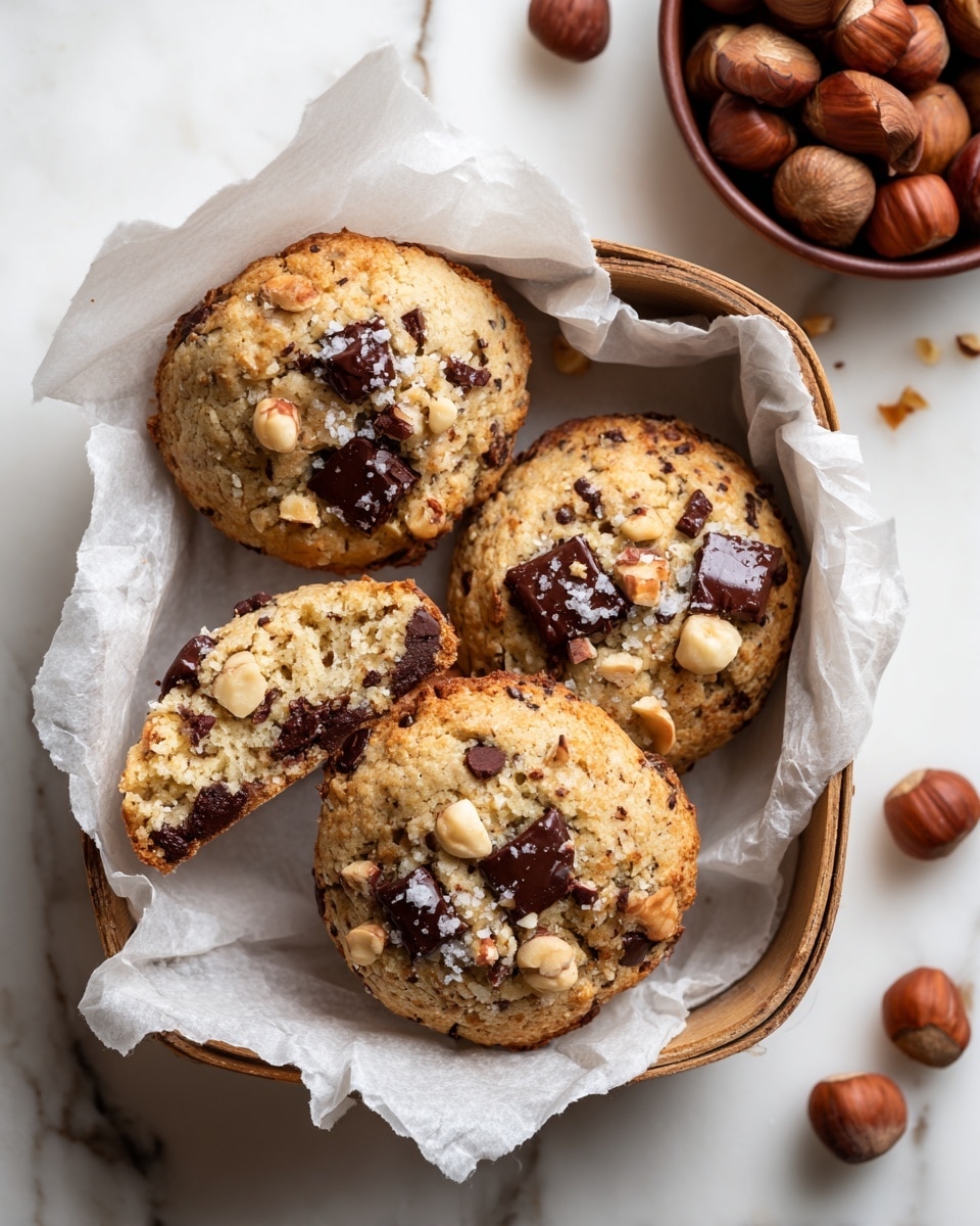 Six round cookies rest on a wire cooling rack placed over a white marbled surface. Each cookie has a rough, crumbly light brown base with visible small dark specks. Scattered thick chunks of dark chocolate and whole or halved toasted hazelnuts sit on top, creating a textured contrast with the cookie dough. A few pieces of coarse white salt grains add a slight sparkle and detail across the cookies. The overall look is rustic and homemade with uneven shapes and sizes of chocolate and nuts spread across each cookie. Photo taken with an iphone --ar 4:5 --v 7
