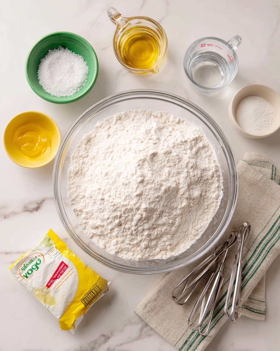 A large clear glass bowl filled with a white powdery flour sits in the center on a white marbled surface. Around the bowl are several small containers: a green bowl with coarse white salt, a small glass jug with golden liquid, a clear measuring cup filled with water, a yellow measuring cup holding a light beige powder, a small glass bowl with white granulated sugar, and a packet of yeast in white, red, and yellow colors. A set of metal measuring spoons lies on a folded beige cloth with green and white stripes beside the bowl. The scene is well lit and clean, photo taken with an iphone --ar 4:5 --v 7