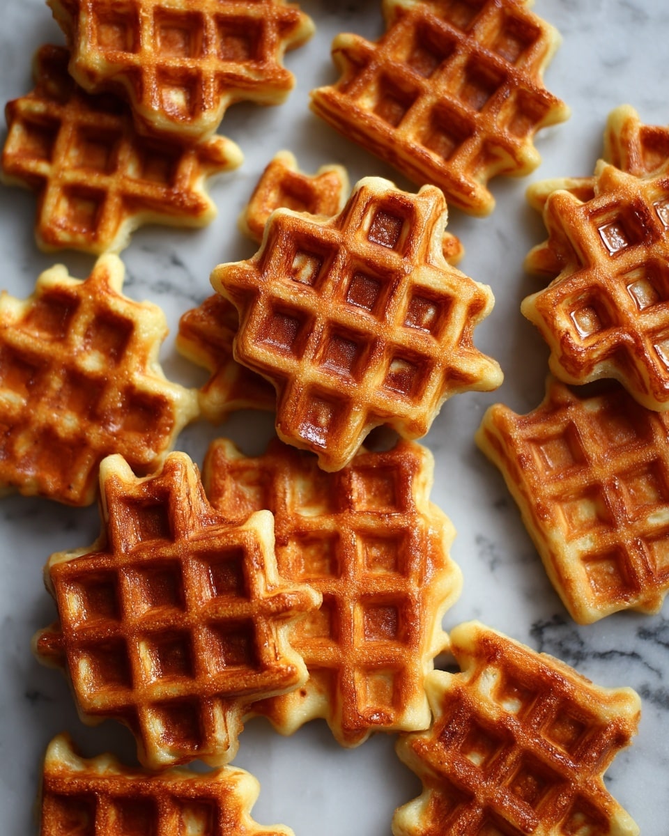 The image shows many small waffle pieces with a golden brown and crispy texture. They are arranged loosely on a baking tray, with each waffle piece having a well-defined grid pattern and slightly uneven edges. The waffles vary in shapes, mostly diamond and square-like forms, and have a shiny surface indicating a light, crisp finish. The background is a white marbled texture. photo taken with an iphone --ar 4:5 --v 7
