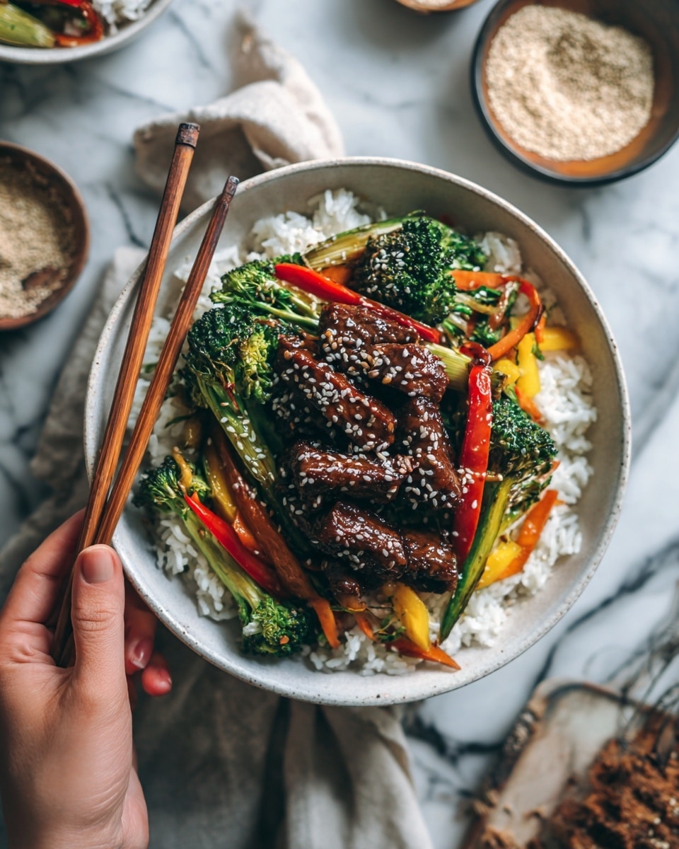 A white bowl filled with a colorful dish featuring a base layer of steamed white rice topped with a mix of bright vegetables and cooked meat. The vegetables include green broccoli florets, thin red bell pepper strips, and light orange carrot slices, all arranged evenly over the rice. On top of the vegetables, there are pieces of glossy, dark brown cooked meat with a slightly caramelized texture. The dish is sprinkled with white sesame seeds for added texture. Two brown wooden chopsticks rest on the edge of the bowl, positioned to the left. The bowl sits on a white marbled surface with small bowls of sesame seeds and other ingredients nearby. A woman's hand is reaching from the left side of the image, holding one chopstick. photo taken with an iphone --ar 4:5 --v 7