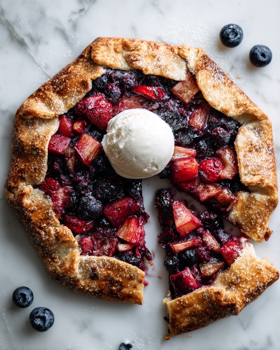 A rustic galette with a golden-brown, flaky crust folded unevenly around a filling of mixed berries and chopped rhubarb showing deep red and dark blue colors, with juicy textures. The galette is cut into slices, one slice slightly pulled out to reveal the filling underneath. On top, there is a round scoop of white vanilla ice cream sitting in the center of the exposed fruit. The galette rests on a white marbled surface with a few loose blueberries scattered around. Photo taken with an iphone --ar 4:5 --v 7