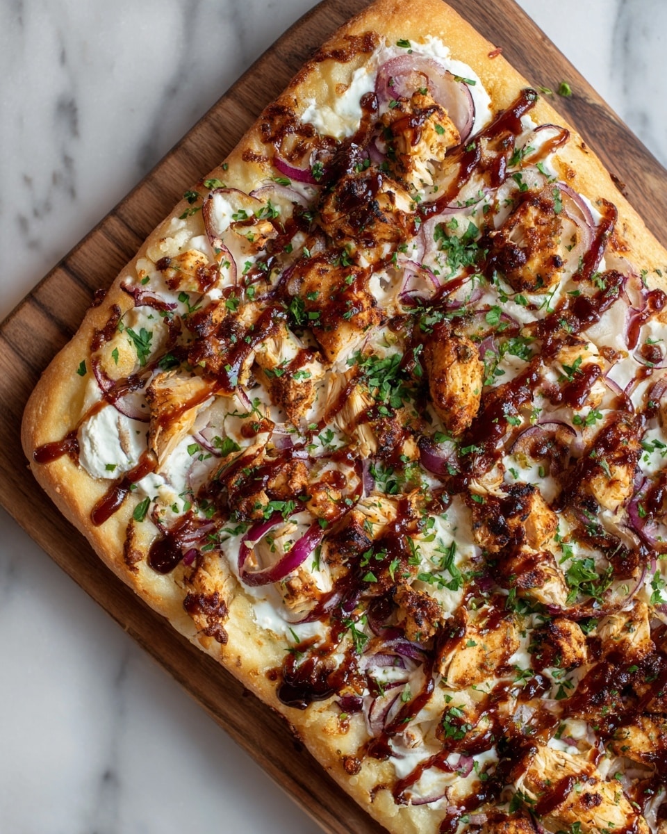 A rectangular flatbread pizza sits on a wooden board over a white marbled surface. The bottom layer is a golden-baked crust that is thick and slightly puffed. Above the crust is a white creamy sauce spread evenly with visible thick texture. On top of the sauce, grilled chicken pieces with a charred, golden-brown color are scattered all over. Thin slices of purple-red onion are sprinkled throughout, adding a light contrast. Fresh green chopped herbs, likely cilantro, are dotted across the pizza, along with a drizzle of dark reddish-brown barbecue sauce creating thin lines that cover the surface. The pizza appears warm, with a nicely toasted look. Photo taken with an iphone --ar 4:5 --v 7