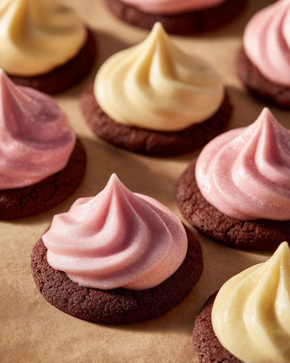 The image shows several small round chocolate cookies with a thick layer of swirled light yellow and pink cream on top, creating a smooth, shiny, and slightly pointed peak in the center of each cookie. One cookie is broken, revealing a soft, airy white inside beneath the creamy layer. The cookies are placed closely together on a beige parchment-like surface. The cream has a subtle shimmer that catches the light, making them look glossy and fresh. photo taken with an iphone --ar 4:5 --v 7