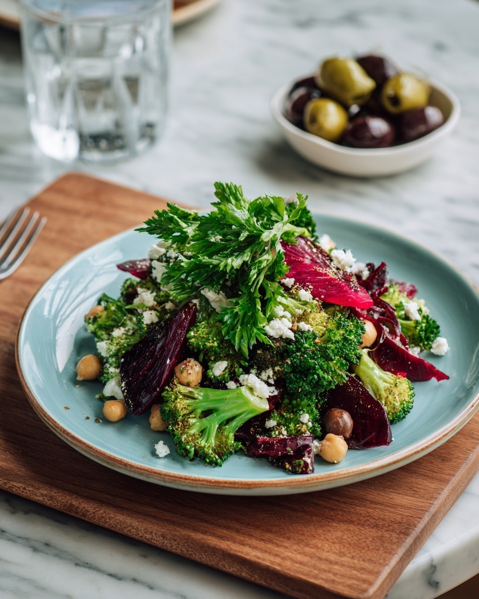 A light blue, round plate holds a colorful salad made of three main layers: the bottom layer has small, roasted green broccoli pieces with a slightly charred texture, the middle layer is made of dark red, crinkled beet slices scattered evenly, and the top layer has fresh green parsley leaves sprinkled across the dish. Small white chunks of cheese and brown chickpeas are mixed throughout the salad, adding extra texture. The plate rests on a wooden board, and the background shows a blurred white marbled surface with a glass of water and a small white bowl filled with green and dark olives. photo taken with an iphone --ar 4:5 --v 7