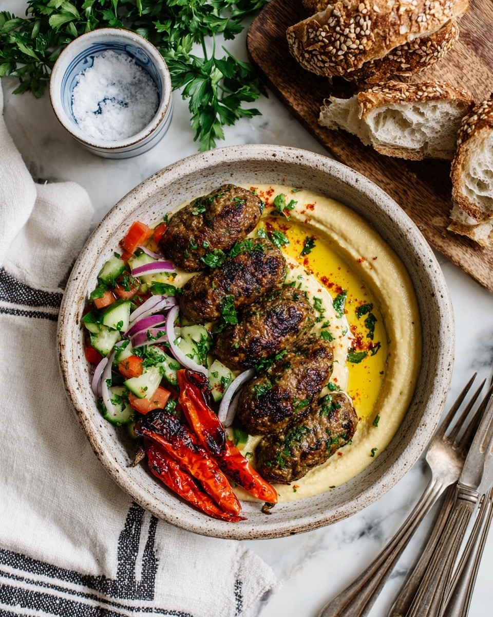 A rustic grey bowl holds a layered dish on a white marbled surface. The bottom layer is smooth and creamy pale yellow hummus, spread in a crescent shape with olive oil and red pepper flakes drizzled on top. Resting on the hummus are five browned, oval-shaped grilled meat pieces with green herbs inside. To the left of the meat, a fresh salad of chopped red tomatoes, green cucumbers, and sliced light purple onions adds color and texture. At the bottom left edge of the bowl, two charred red mini peppers sit beside sprigs of fresh green parsley. Nearby, there is a rustic wooden board with torn sesame seed bread, a white cup of coarse salt with a blue rim, a glass of water, and silver cutlery on a white cloth with black stripes. photo taken with an iphone --ar 4:5 --v 7