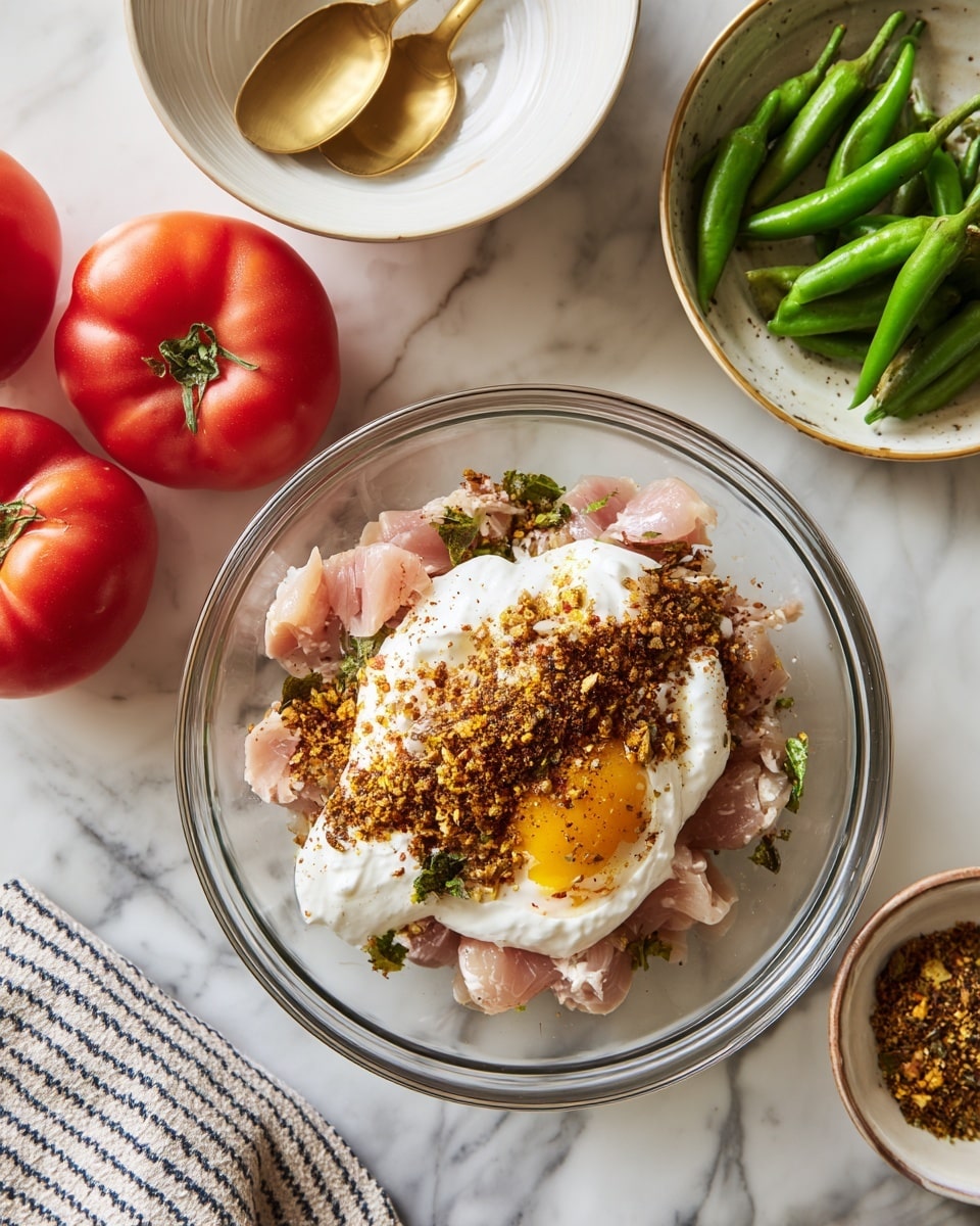 A clear glass bowl sits in the center filled with small pieces of raw pink chicken layered at the bottom, topped with a large dollop of thick white yogurt. On the yogurt, there is a generous sprinkle of mixed brown, orange, and black spices unevenly spread across its surface, giving a textured and colorful contrast. Around the bowl, on a white marbled surface, there are large bright red tomatoes to the left, a white bowl with a gold spoon above, and two white dishes on the top right containing fresh green peppers and okra. A soft striped cloth lies close to the bottom right corner. Photo taken with an iphone --ar 4:5 --v 7