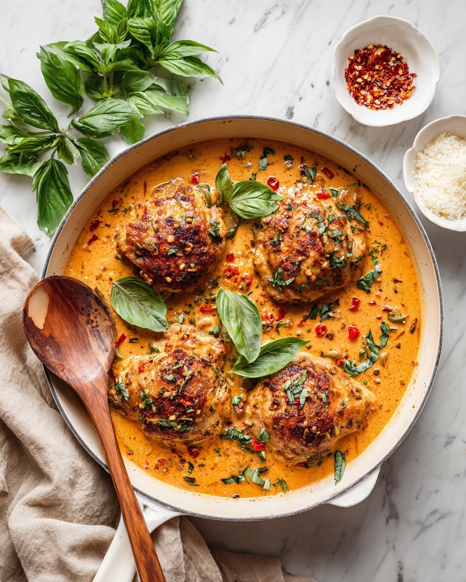 The dish shows four browned chicken pieces in a white cast iron pan filled with a creamy orange-colored sauce mixed with small red and green herb bits. Bright green basil leaves are placed on top of each chicken piece. The sauce has a smooth texture with visible small chunks of red peppers or tomatoes. A wooden spoon with a light tan handle rests on the left side of the pan. Around the pan, there is a beige cloth, fresh basil leaves, and two small white bowls—one with red chili flakes and the other with white grated cheese—all set on a white marbled surface. Photo taken with an iphone --ar 4:5 --v 7
