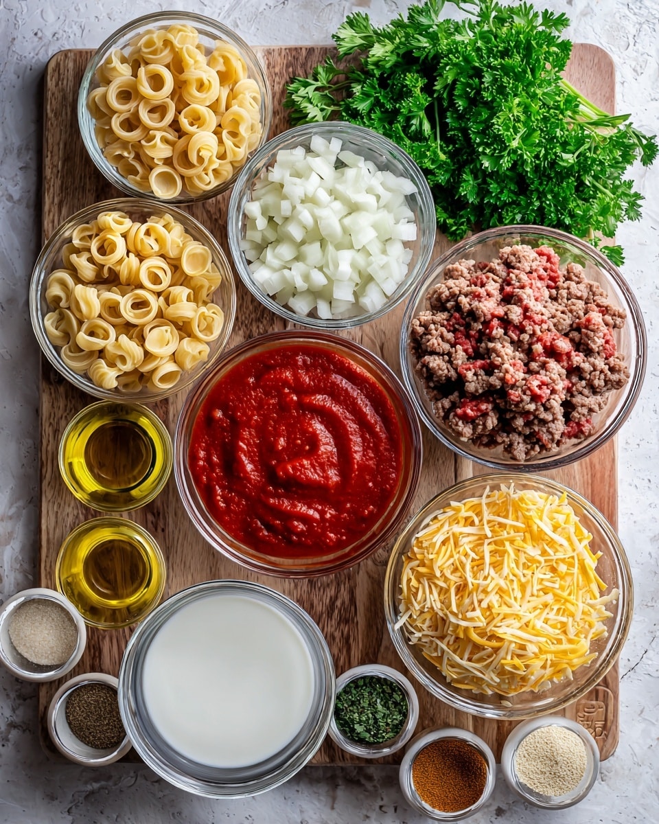 A top view of various clear glass bowls arranged on a wooden surface with different cooking ingredients inside. From left to right, there is a bowl filled with uncooked pasta shaped like small wheels, a bowl with diced white onions, a bowl containing raw ground meat mixed with small pieces of tomato, and a bowl of fresh green parsley bunches placed on the board. Below these, there is a bowl of thick red tomato sauce, a bowl filled with white liquid (likely cream or milk), and a small bowl of golden oil. To the right, another bowl holds cooked ground beef, and the bottom right bowl contains shredded yellow cheese. Scattered around are small containers of spices and seasonings in various colors including beige, brown, and green. The whole setup is on a white marbled background. Photo taken with an iphone --ar 4:5 --v 7