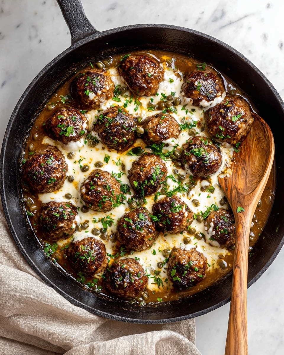 A black cast iron pan filled with about a dozen browned meatballs, each topped with melted white cheese that spreads out between them. The meatballs sit in a glossy, light brown sauce mixed with visible small green capers and sprinkled with chopped fresh green herbs. On the right side of the pan, a smooth wooden spoon rests partially in the sauce. The pan is placed on a white marbled textured surface with a beige cloth napkin near the bottom left corner. Photo taken with an iphone --ar 4:5 --v 7