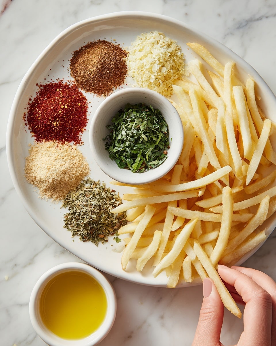 The left image shows a white plate with seven piles of spices and herbs arranged in a circle, with a small bowl of fresh green herbs placed in the center. The spices vary in color from light cream, deep brown, bright red, to light green and beige, each having a fine to coarse texture. The white plate is placed on a white marbled surface. The right image shows a tray filled with thin, pale yellow raw French fries, with a small white bowl of golden-yellow oil placed near the bottom left corner of the tray. A woman's hand is holding a few fries from the top center of the tray. The background is white marbled texture. photo taken with an iphone --ar 4:5 --v 7