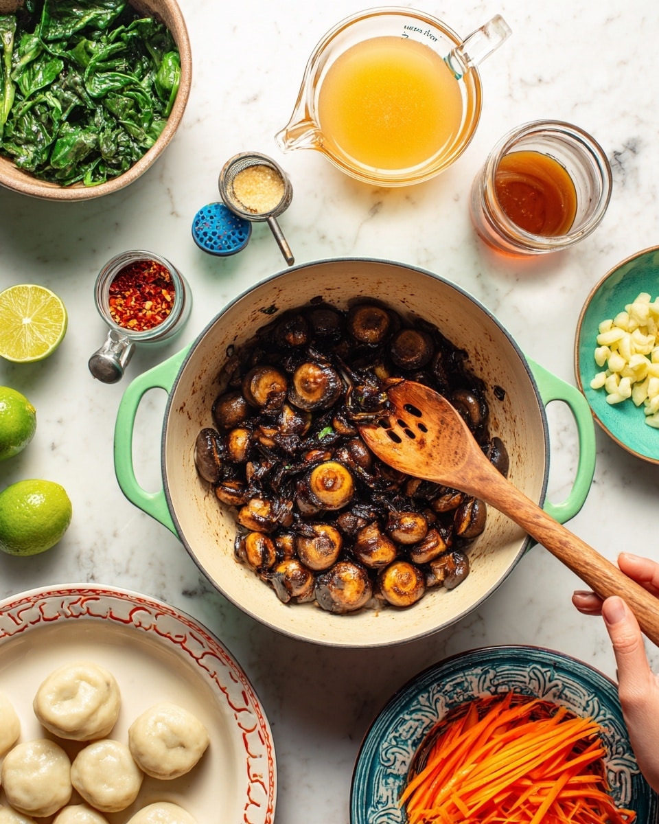 A light green pot is shown from above, filled with golden brown cooked mushrooms with some darker crispy edges, stirred by a woman's hand holding a wooden spoon with holes. To the left on the white marbled surface is a bowl of fresh green spinach, three lime halves in a line, a jar of red chili flakes with a blue measuring spoon, and a small jar of light brown liquid. Above the pot is a clear glass measuring cup with light orange broth next to a beige plate with red rim designs holding light-yellow uncooked dumplings. To the right, a white plate with blue and green edges holds thin orange carrot strips, and a small glass bowl of minced yellow garlic is partially visible below. Photo taken with an iphone --ar 4:5 --v 7