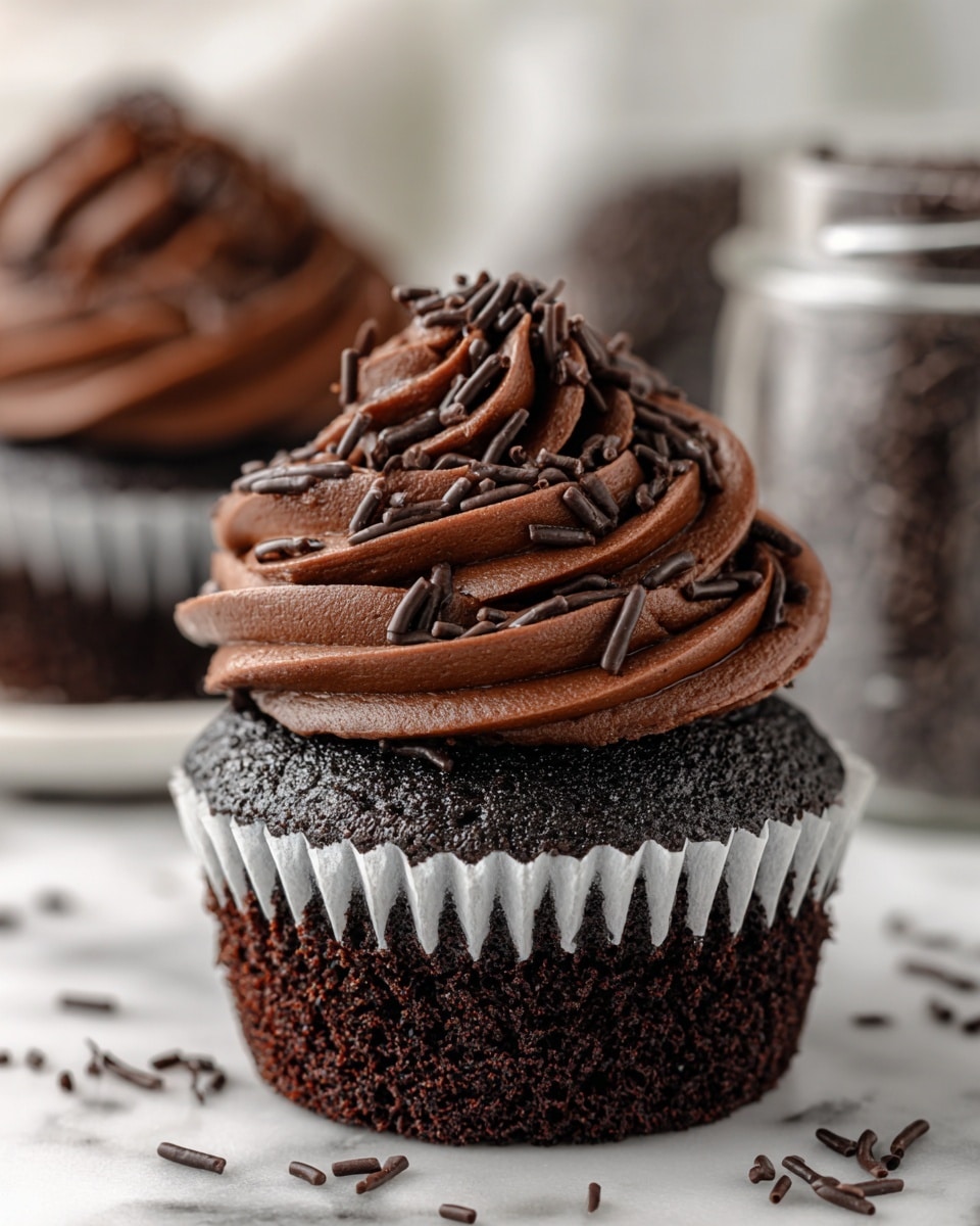 The image shows a close-up of a chocolate cupcake with two main layers. The bottom layer is a dark, moist chocolate cake with a slightly rough texture. On top, a thick swirl of smooth, dark chocolate frosting is piped in a circular pattern, topped with thin, dark chocolate sprinkles scattered across the frosting. The cupcake sits on a white paper cup liner that is spread open. Around the cupcake, more chocolate sprinkles can be seen, and the background is a white marbled surface with blurred chocolate cupcakes and a glass jar of sprinkles nearby. photo taken with an iphone --ar 4:5 --v 7