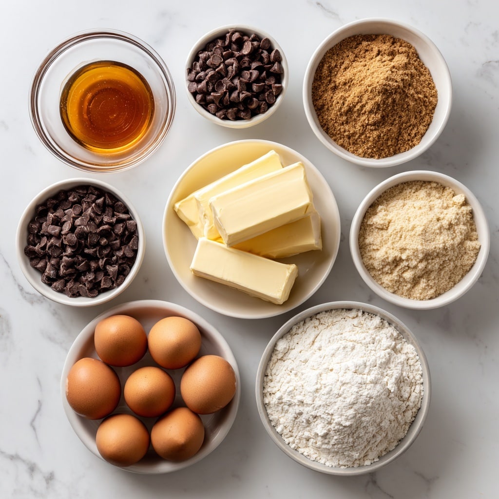 The image shows multiple bowls and a plate arranged on a white marbled surface, each containing different baking ingredients. At the center, there is a small white bowl with six thick pale yellow butter slices stacked unevenly. Surrounding it, clockwise from the top left, is a white bowl holding white cream with one yellow egg yolk resting on it, a clear glass bowl with amber-colored syrup, a white bowl filled with dark brown chocolate chips, a clear glass bowl containing coarse white salt, a white plate holding six brown eggs, a white bowl of light tan almond flour, a small white bowl with small dark chocolate chips, a white bowl piled with light brown sugar, a white bowl filled with darker brown sugar, and a white bowl heaped with white flour. The ingredients vary in texture from smooth and glossy to grainy and powdery. The photo taken with an iphone --ar 4:5 --v 7