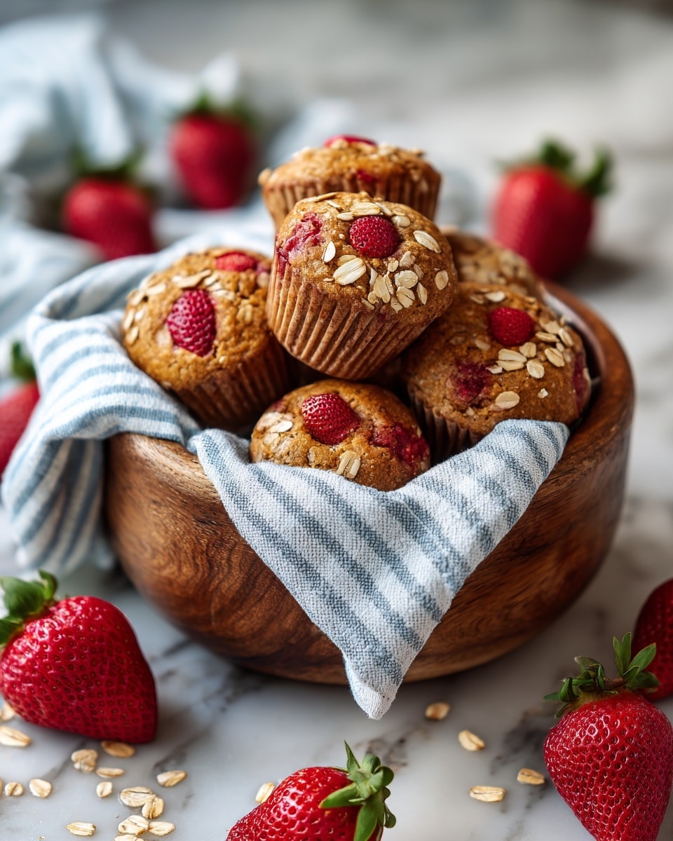 The image shows a stack of three light golden-brown muffins with visible pieces of red strawberries inside and on top, sitting on a white plate. Around the muffins, there are a few fresh whole strawberries placed on the plate. In the background, more muffins are arranged on a white plate, and a white basket filled with whole strawberries is visible. The surface underneath the plates is a white marbled texture, and soft natural light gently shines on the scene, highlighting the texture of the muffins and strawberries. Photo taken with an iphone --ar 4:5 --v 7