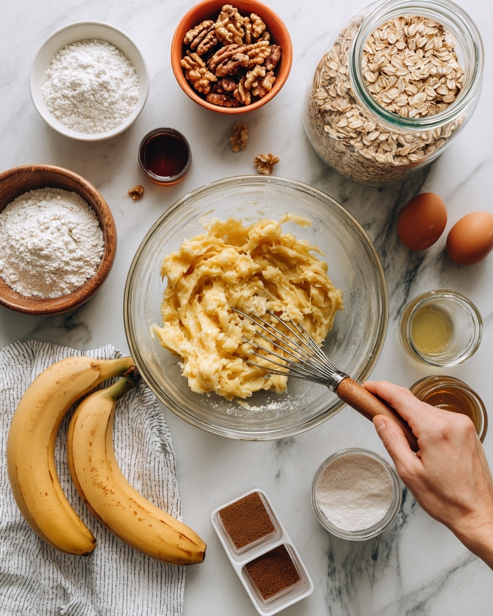 The image shows a top view of baking ingredients set on a white marbled surface. In the center front, there is a large clear glass bowl with mashed bananas being mixed by a woman’s hand holding a metal masher with a wooden handle. Around this bowl, there are multiple bowls and containers: to the left, a white bowl holds chopped walnuts, an orange bowl contains white flour, and a brown bowl has whole wheat flour with a spoon inside. Two whole eggs and a small glass container with dark liquid (probably vanilla extract) are beside these bowls. To the right, a large glass jar filled with rolled oats with a metal spoon sticking out sits next to an open jar of solidified coconut oil. In front of the coconut oil jar are small square containers with brown powder spices. A white striped cloth is partly visible under the coconut oil jar. Two ripe bananas lie on the bottom left corner. Photo taken with an iphone --ar 4:5 --v 7