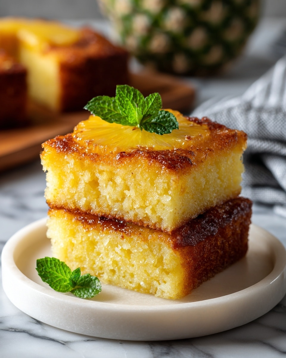 The image shows two thick slices of golden yellow pineapple cake stacked on a white plate. The top slice has a moist and soft texture with a slightly shiny glaze on top, and a small fresh green mint leaf is placed as decoration on the middle. The edges of the cake are darker brown and crisp-looking, creating a nice contrast. There are additional mint leaves on the plate for garnish. In the blurred background, a whole loaf of the same cake sits on a wooden board, and a fresh pineapple is partly visible, enhancing the tropical feel. The scene is set on a white marbled surface, and soft natural light adds warmth to the image. Photo taken with an iphone --ar 4:5 --v 7