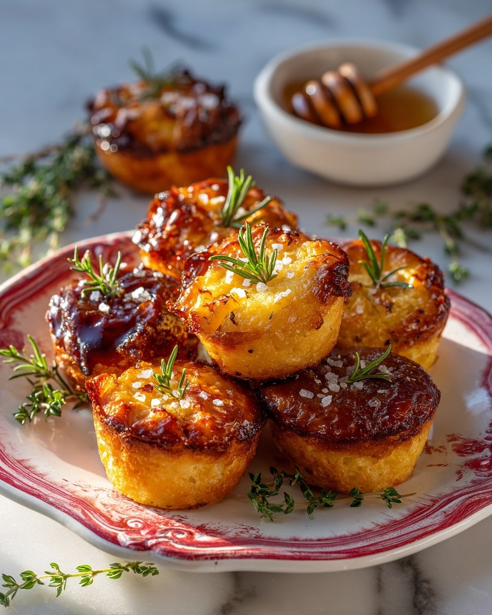 The image shows a white plate with red swirled designs holding several golden brown baked muffins topped with small sprigs of fresh rosemary. The muffins have a slightly shiny crust with a light sprinkle of salt visible. One muffin is broken open, revealing soft, airy, and fluffy layers inside that are pale cream in color. The plate sits on a white marbled surface with a few extra rosemary sprigs scattered around. The warm sunlight highlights the texture of the muffins and rosemary. photo taken with an iphone --ar 4:5 --v 7