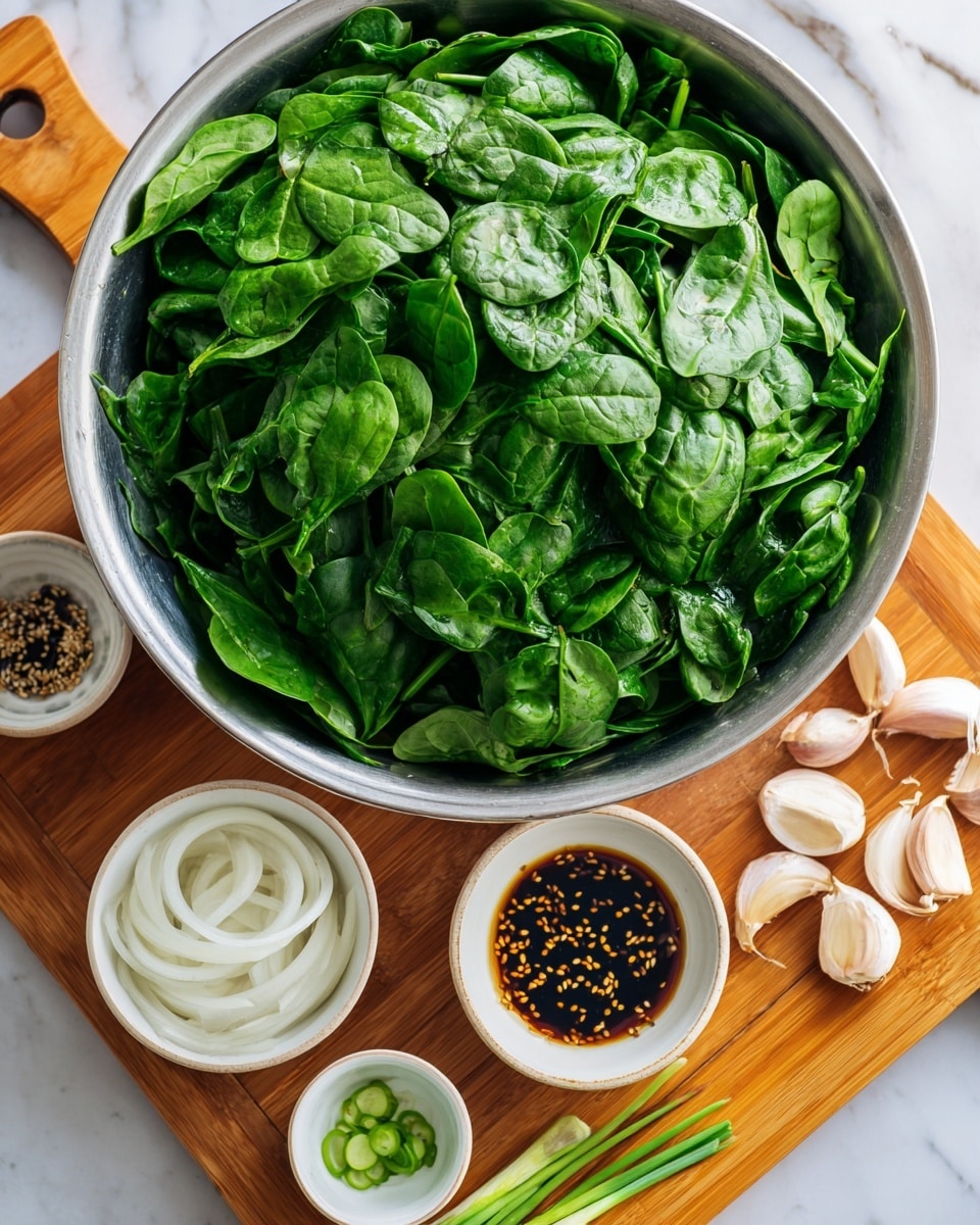 A large silver bowl full of fresh green spinach leaves with a shiny, wet texture sits on a wooden board. Below the bowl, from left to right, there is a small white bowl with thin white onion rings, a small white bowl with a dark brown sauce mixed with bits of garlic or spices, and another small white bowl with a golden liquid containing sesame seeds. Between the sauce bowls and spinach bowl are fresh green spring onion pieces in the middle and a few peeled white garlic cloves on the right. The scene is set on a brown granite countertop with a white marbled texture background. Photo taken with an iphone --ar 4:5 --v 7