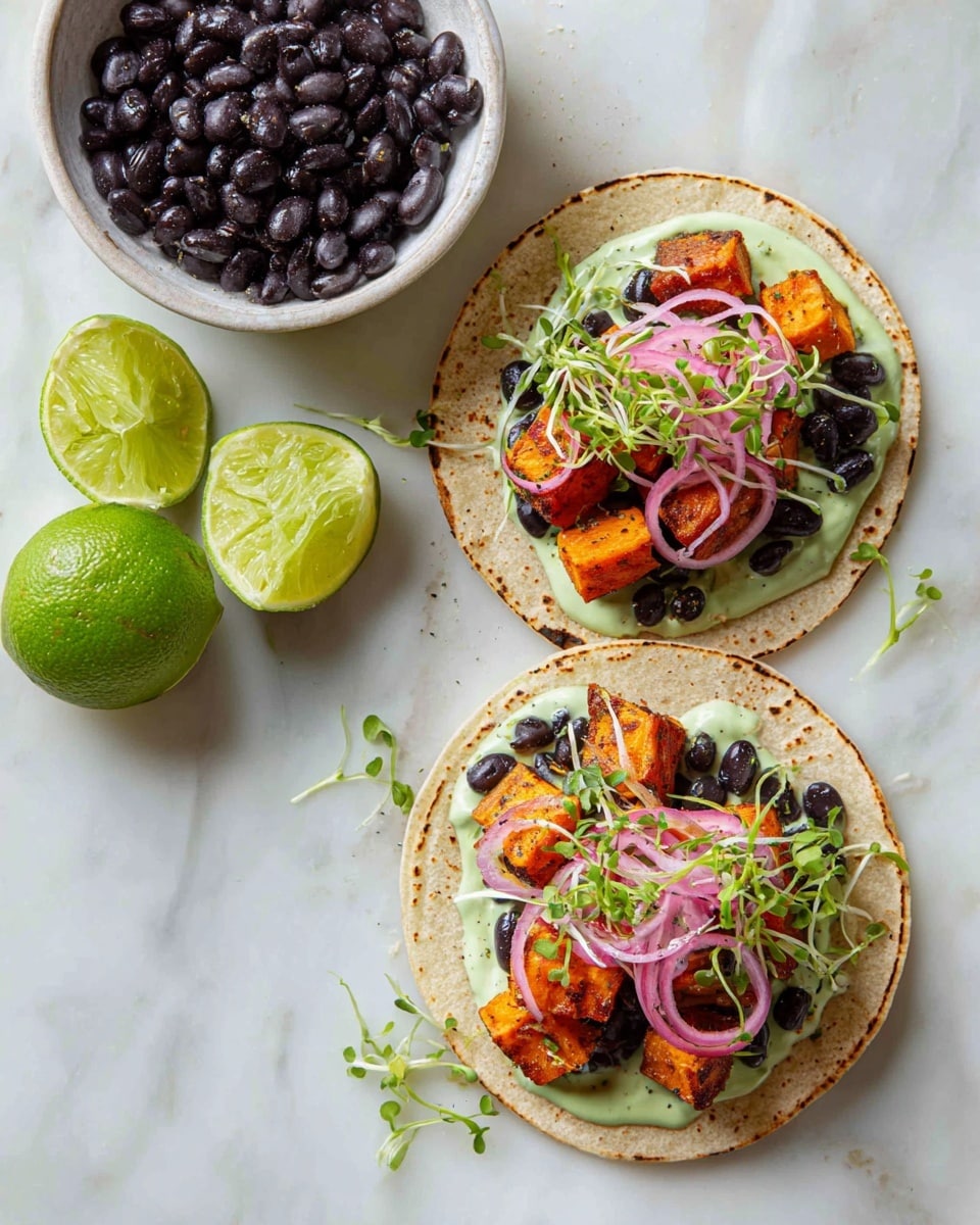 Three soft white corn tortillas are placed overlapping on a white square plate, topped with layers of diced sweet orange sweet potatoes and black beans. The beans are deep brown with a soft texture, while the sweet potatoes look cooked and tender with a bright orange color. On top of the vegetables, there are thick drizzles of white sour cream, adding contrast and creaminess. Fresh green cilantro leaves are sprinkled across the dish, with small chunks of light green avocado scattered around the plate. In the corners of the plate, there are lime wedges with bright green skin and pale green juicy inside. The plate is set on a white marbled surface. The photo taken with an iphone --ar 4:5 --v 7