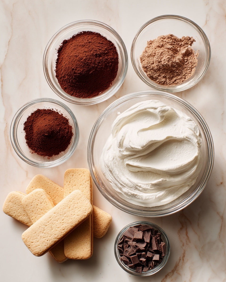 The image shows a top view of several small glass bowls and ingredients on a white marbled surface. In the largest bowl on the right side, there is a smooth layer of white whipped cream. Surrounding it are smaller bowls containing fine dark brown cocoa powder, medium brown cocoa powder, dark brown coffee powder, and a little jar of a shiny dark liquid, likely chocolate syrup. On the lower left side, there are five light beige ladyfinger biscuits, and near the bottom center, there are thin pieces of dark brown chocolate shards. The arrangement is neat and organized, with clear focus on the textures and colors of each item photo taken with an iphone --ar 4:5 --v 7