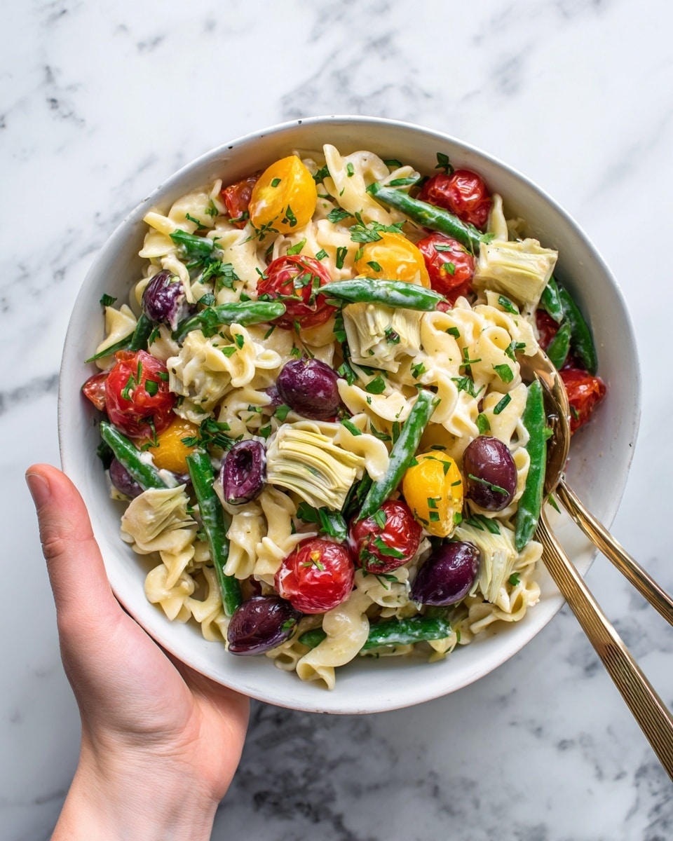 This image shows a white bowl filled with a colorful pasta salad placed on a white marbled surface. The salad has several layers: curly pale yellow and white noodles form the base, mixed with halved red and yellow cherry tomatoes and green beans cut into small pieces. There are quartered light green artichoke hearts and small dark purple olives scattered around. Fresh chopped green herbs are sprinkled on top, adding a touch of bright green. Two silver spoons with golden accents stand inside the bowl, one being held by a visible woman's hand. Photo taken with an iphone --ar 4:5 --v 7