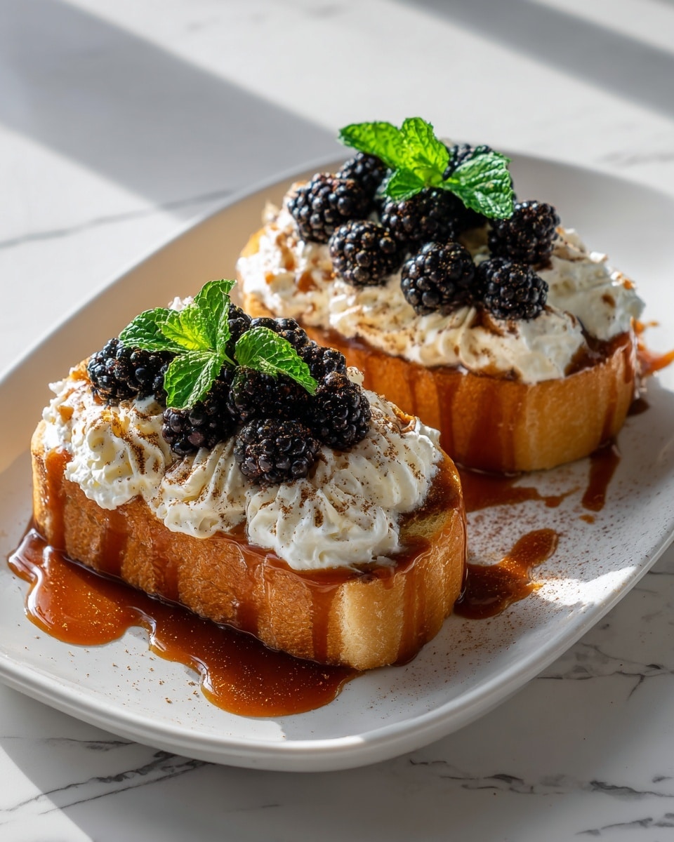 Two slices of golden toasted bread are placed side by side on a white plate with caramel sauce drizzled underneath and around them. Each slice is topped with a thick layer of white whipped cream, sprinkled with a light dusting of brown powder. On top of the cream, there are several plump blackberries arranged closely together. At the very top of each slice, a small bunch of bright green mint leaves adds a fresh touch. The plate rests on a white marbled surface with light reflecting softly on the textures. Photo taken with an iphone --ar 4:5 --v 7
