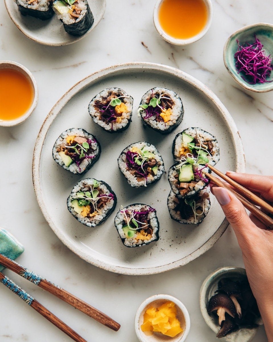 On a white round plate with a thin rustic edge, there are eight pieces of sushi rolls arranged in a circle. Each sushi piece is wrapped in dark green seaweed and filled with light brown rice, small green cucumber cubes, dark brown mushrooms, and some purple cabbage on top with tiny green sprouts. One sushi roll shows the side with the seaweed wrap clearly. A woman's hand is holding one sushi piece with light brown chopsticks. Around the plate on a white marbled surface are small white dishes with orange sauce, dark soy sauce, yellow pickled ginger, and dark brown mushrooms. Light blue and brown chopsticks rest on the surface near the plate. Photo taken with an iphone --ar 4:5 --v 7