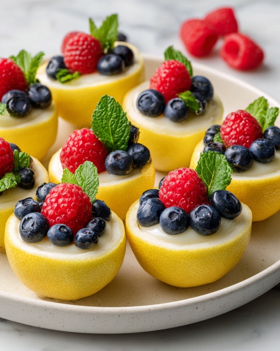 The image shows eight yellow lemon halves filled with smooth, creamy white dessert, each topped with one red raspberry, one or two small dark blue blueberries, and a small bright green mint leaf. The lemon halves are arranged closely together on a white plate with a light texture, and a few raspberries are scattered on a white marbled surface around the plate. The lighting highlights the glossy texture of the dessert and the fresh look of the fruit photo taken with an iphone --ar 4:5 --v 7