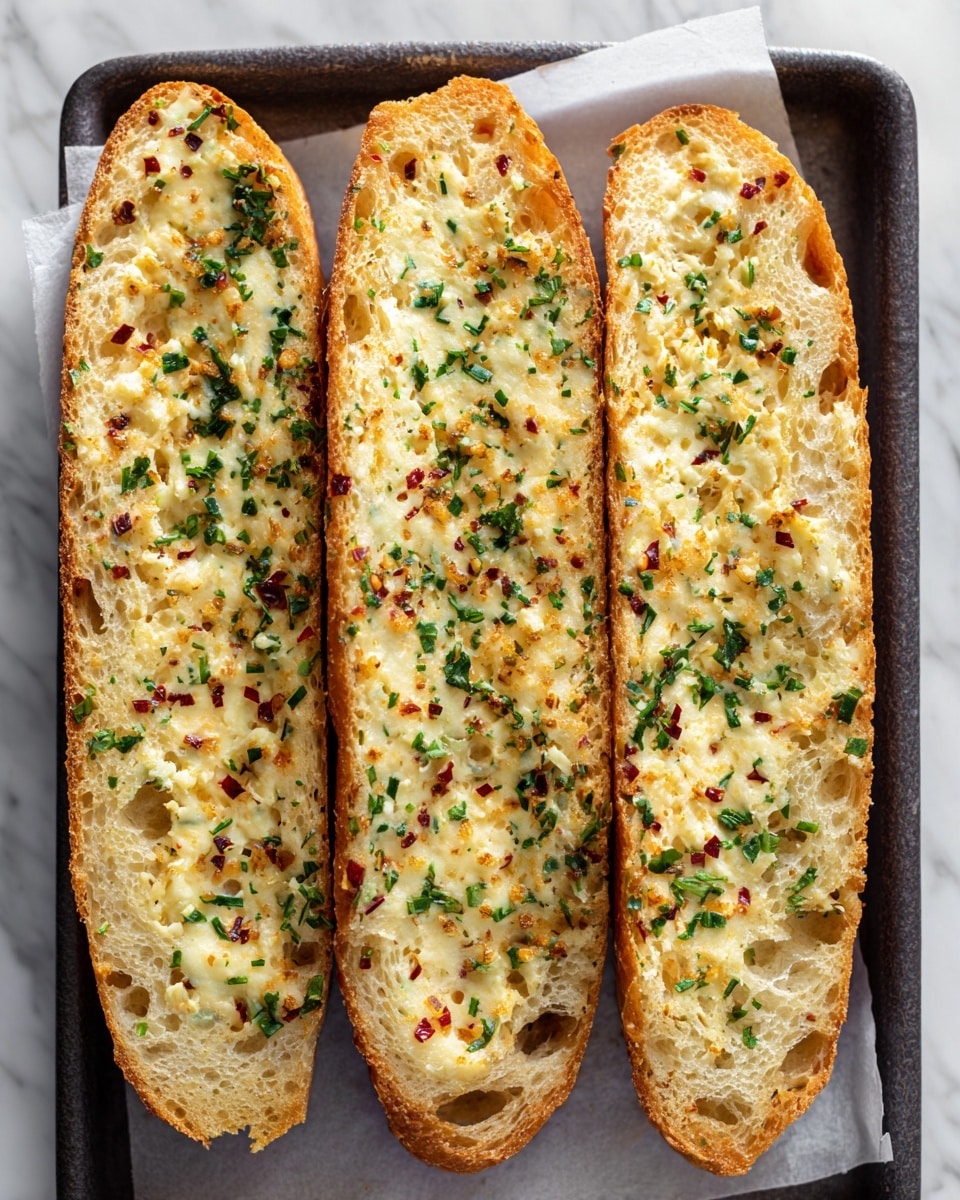 The image shows three long slices of bread placed side by side on white parchment paper over a dark baking tray. Each slice is spread evenly with a creamy mixture that has a pale yellow base, speckled with finely chopped green herbs, small red flakes, and tiny bits of light brown texture. The bread’s inner texture is soft and porous with some air holes visible under the spread. The baking tray is set on a surface of white marbled texture. photo taken with an iphone --ar 4:5 --v 7
