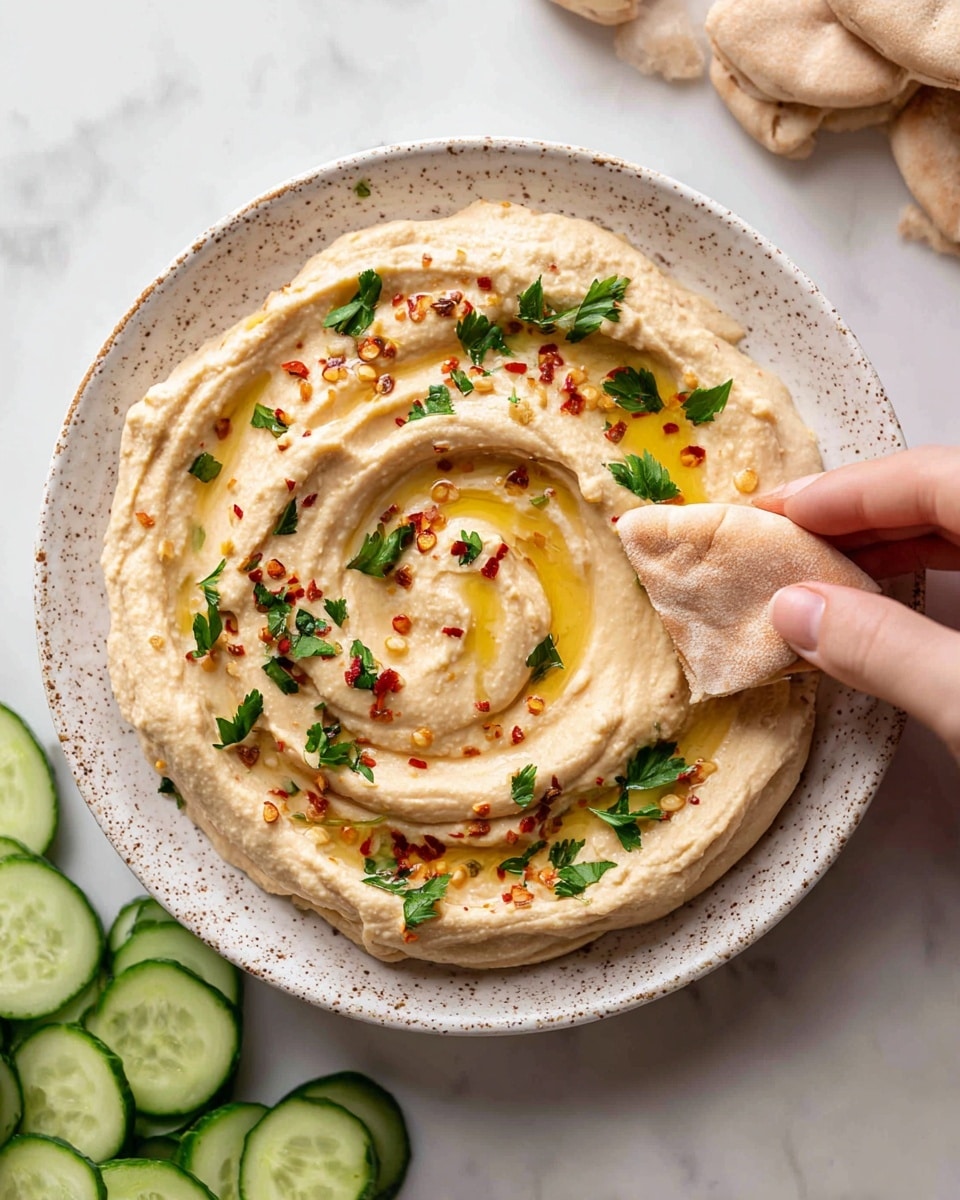 A creamy, pale beige hummus spread in a rough circular swirl pattern on a white plate with brown speckles, topped with small green parsley leaves, tiny red chili flakes, and a few drops of yellow olive oil. A woman's hand is holding a piece of pita bread scooping some hummus near the right edge of the plate. The plate sits on a white marbled surface, with fresh green cucumber slices partially visible at the bottom left and soft pita bread pieces in the background. Photo taken with an iphone --ar 4:5 --v 7