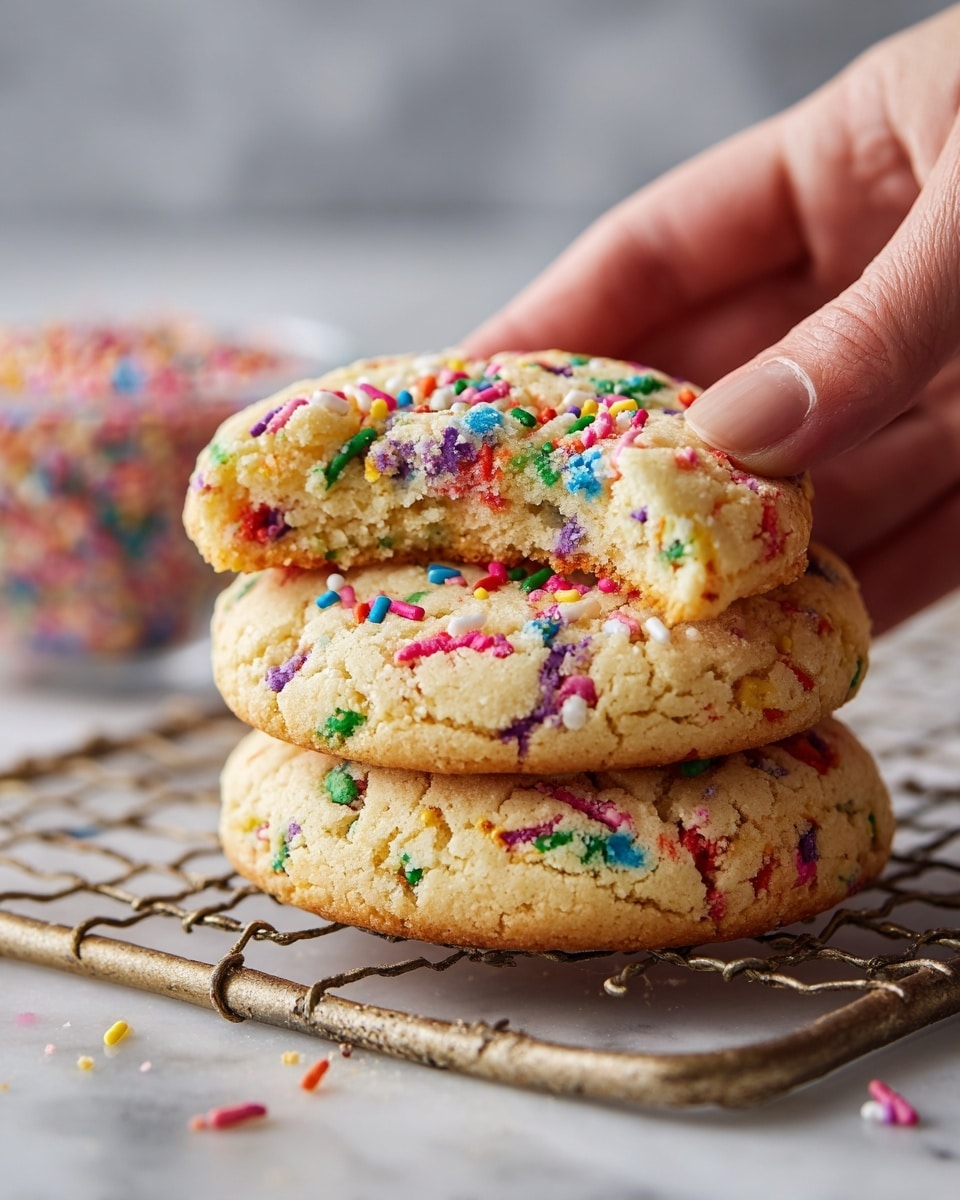 The image shows two round cookies stacked on a metal cooling rack placed on a white marbled surface. The top cookie is broken, revealing a soft, slightly crumbly inside with embedded colorful sprinkles in red, green, blue, orange, purple, pink, and white. The cookie dough is golden brown and has a rough, slightly cracked texture. In the background, a bowl filled with more multicolored sprinkles adds a bright and festive atmosphere to the scene. A woman's hand is gently pulling apart the top cookie, highlighting its soft texture. Photo taken with an iphone --ar 4:5 --v 7