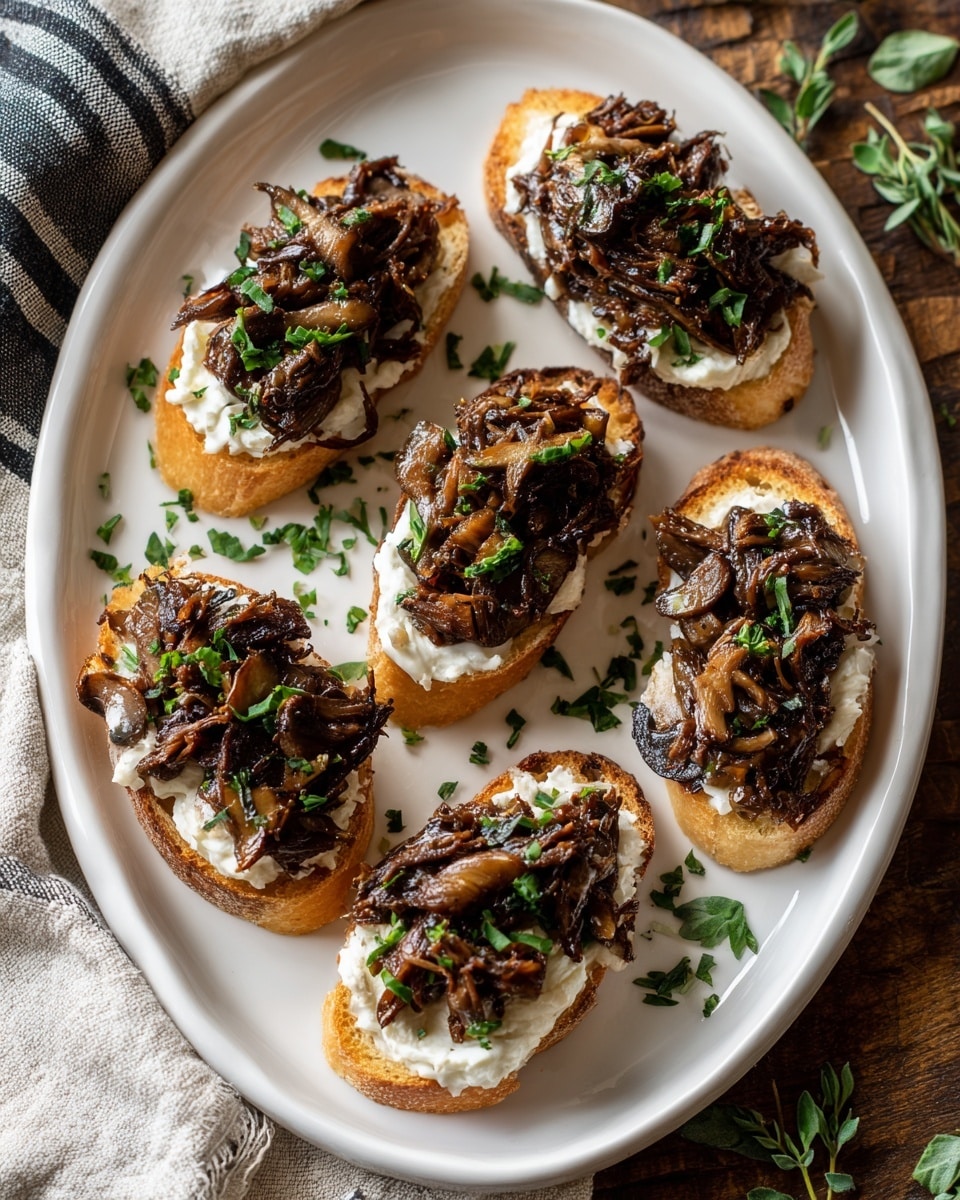 The image shows small white oval plates each holding three small toasted bread slices as the base. Each bread slice is topped with a creamy white spread, then a thick layer of dark brown shredded meat mixed with sautéed mushrooms that have a slightly glossy texture. Small green chopped herbs are sprinkled over the meat and mushrooms, adding a fresh touch of color. The plates sit on a wooden surface with some scattered herb leaves around, and a soft cloth with black and white stripes is partially visible on the side. Photo taken with an iphone --ar 4:5 --v 7