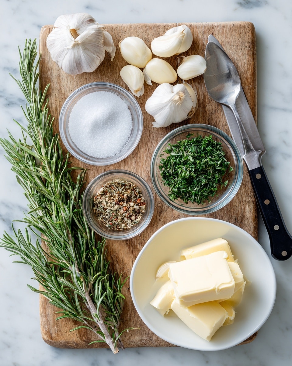 The image shows a wooden cutting board with fresh rosemary sprigs on the left, whole garlic cloves above a small glass bowl of coarse salt, and next to that a small glass bowl filled with mixed dried spices. Below the salt bowl, there is a larger glass bowl containing finely chopped green herbs, and to the right of that a white bowl holds softened pale yellow butter. A metal spoon rests on the board below the white bowl. A knife with a black handle is placed at the top right corner. The scene is set on a white marbled surface photo taken with an iphone --ar 4:5 --v 7