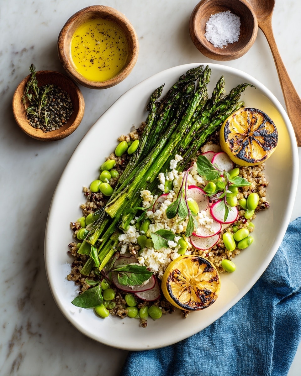 A white oval plate holds a colorful layered dish starting with a base of cooked grains mixed with thin red radish slices. On top of the grains, bright green edamame beans and small green leaves are scattered. A neat bundle of roasted green asparagus spears is placed on one side, next to crumbled white cheese that adds texture. A grilled lemon half with dark char marks sits on the edge of the plate. The plate rests on a white marbled surface alongside small wooden bowls, one containing a yellow sauce with herbs and a wooden spoon, and the other holding coarse black pepper. A blue cloth napkin is visible in the corner of the scene. Photo taken with an iphone --ar 4:5 --v 7