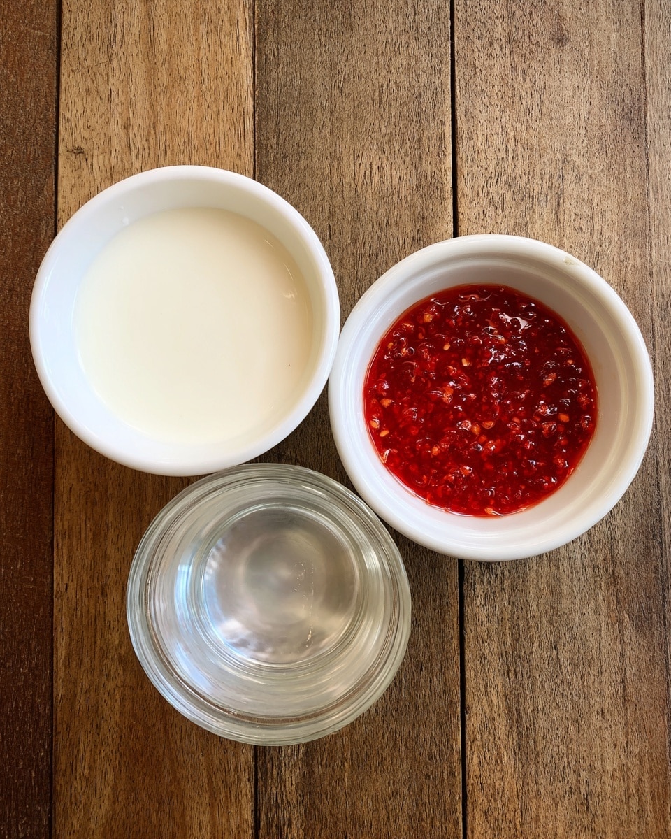 A white container filled with clear water is placed in the center on a wooden surface. To the upper left, there is a white bowl with a white creamy liquid inside. To the upper right, a white bowl holds a thick, red sauce with small bits visible in it, giving it a textured look. The background shows a wooden tabletop. photo taken with an iphone --ar 4:5 --v 7