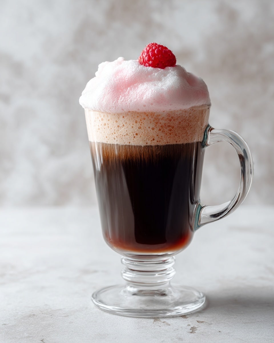 A tall clear glass filled with dark brown coffee, topped with a thick creamy layer of light pink foam. A single red raspberry sits on top of the foam near the center. The background is a white marbled texture. Photo taken with an iphone --ar 4:5 --v 7