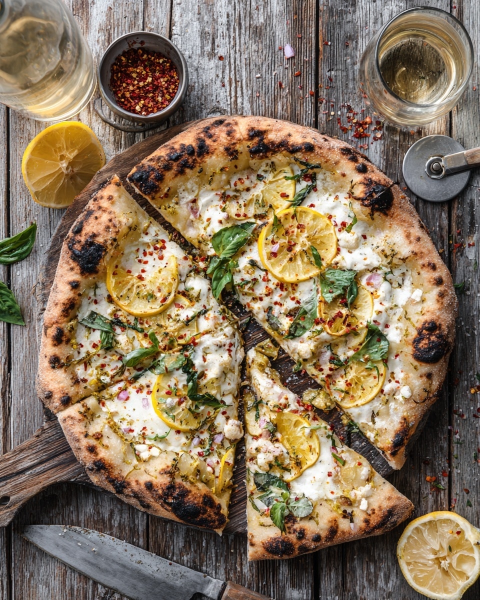 A round pizza with a thick, golden-brown crust that is charred in some places, topped with melted white cheese, thin yellow lemon slices, fresh green basil leaves, and small pieces of light pink shallots scattered evenly on the surface. Red chili flakes are sprinkled over the pizza, adding a touch of red color. The pizza is placed on a rustic wooden surface with a half lemon, a metal cup of chili flakes, and a knife with a wooden handle nearby. A partially visible glass bottle and a filled glass of light golden liquid sit close to the pizza. The photo taken with an iphone --ar 4:5 --v 7