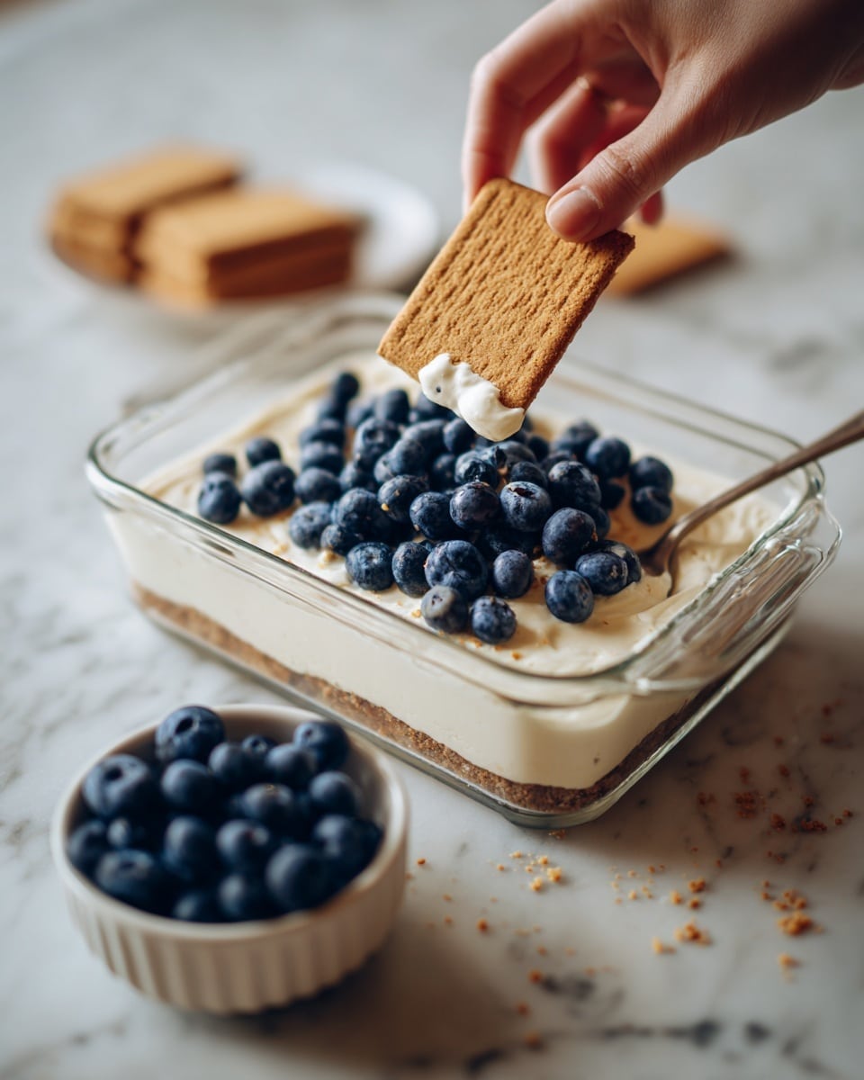 A clear rectangular glass dish filled with a creamy white mixture topped with scattered fresh blueberries, and a woman's hand placing a rectangular golden-brown graham cracker on top. Below the dish, there is a small white bowl full of more blueberries. The background surface is a white marbled texture. photo taken with an iphone --ar 4:5 --v 7