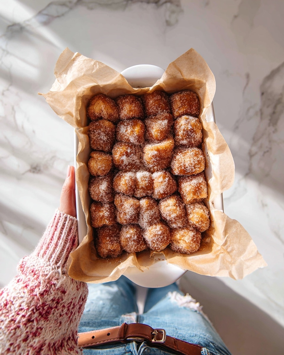 The image shows a white baking dish with red splatter patterns filled with a batch of monkey bread arranged in a close grid. The monkey bread consists of about five rows and six columns of small, round, and irregularly shaped dough pieces coated with cinnamon sugar, giving them a golden-brown color with darker brown edges and a powdery sugar texture on top. The dish is lined with light brown parchment paper that peeks out from the sides, and a woman's left hand is holding the dish from the bottom left corner. The background is a white marbled surface with soft natural lighting, and part of the woman’s outfit, including a pink and white knit sweater, blue jeans, and a brown belt, is visible from above. Photo taken with an iphone --ar 4:5 --v 7