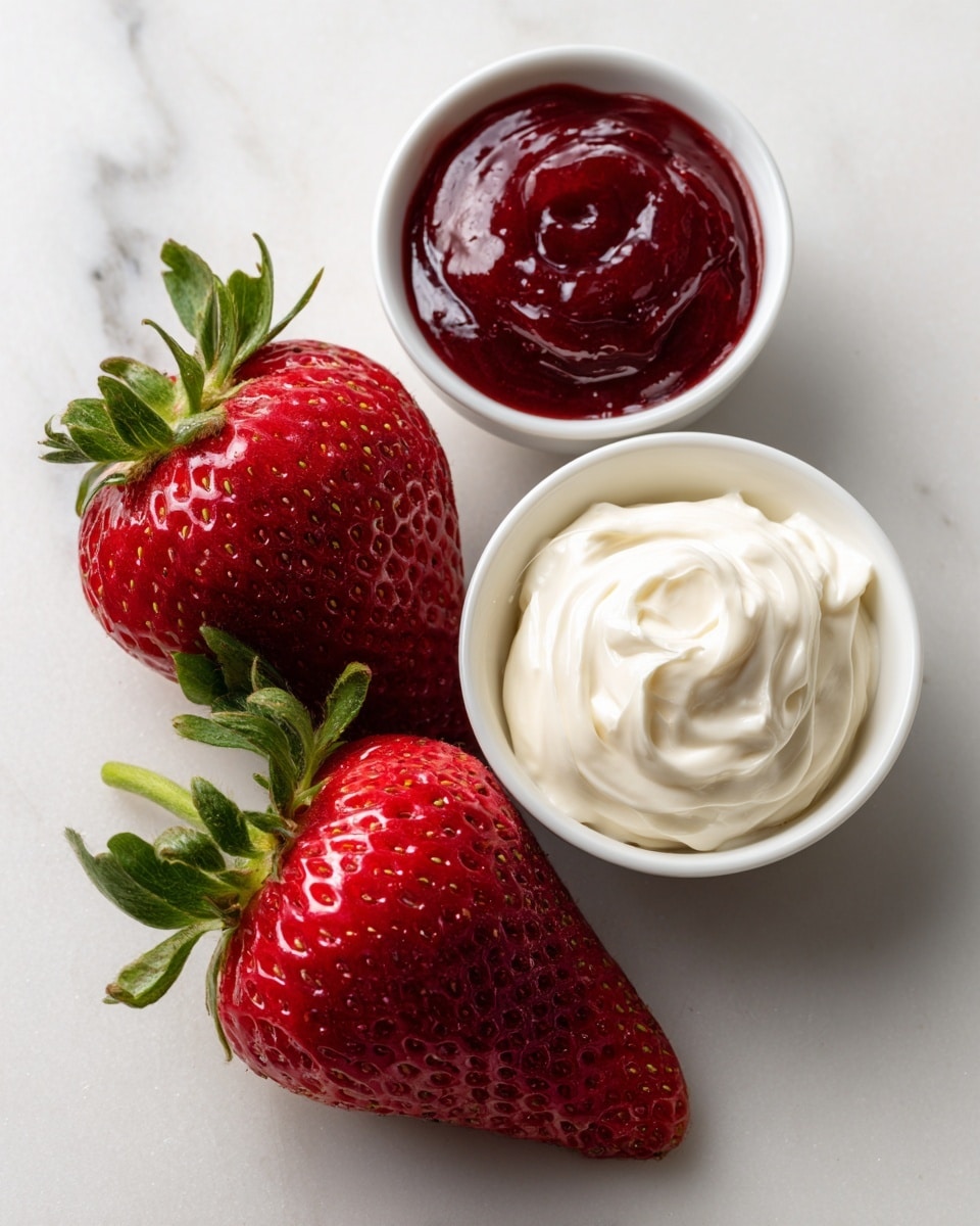 The image shows three large, bright red strawberries with green leafy tops, placed on a white marbled surface. Around the strawberries, there are three small white bowls arranged in a triangular shape. One bowl contains a deep red, smooth fruit jam, another has thick, white cream with soft swirls, and the last bowl holds fine white sugar. The colors are vibrant against the clean white background. photo taken with an iphone --ar 4:5 --v 7