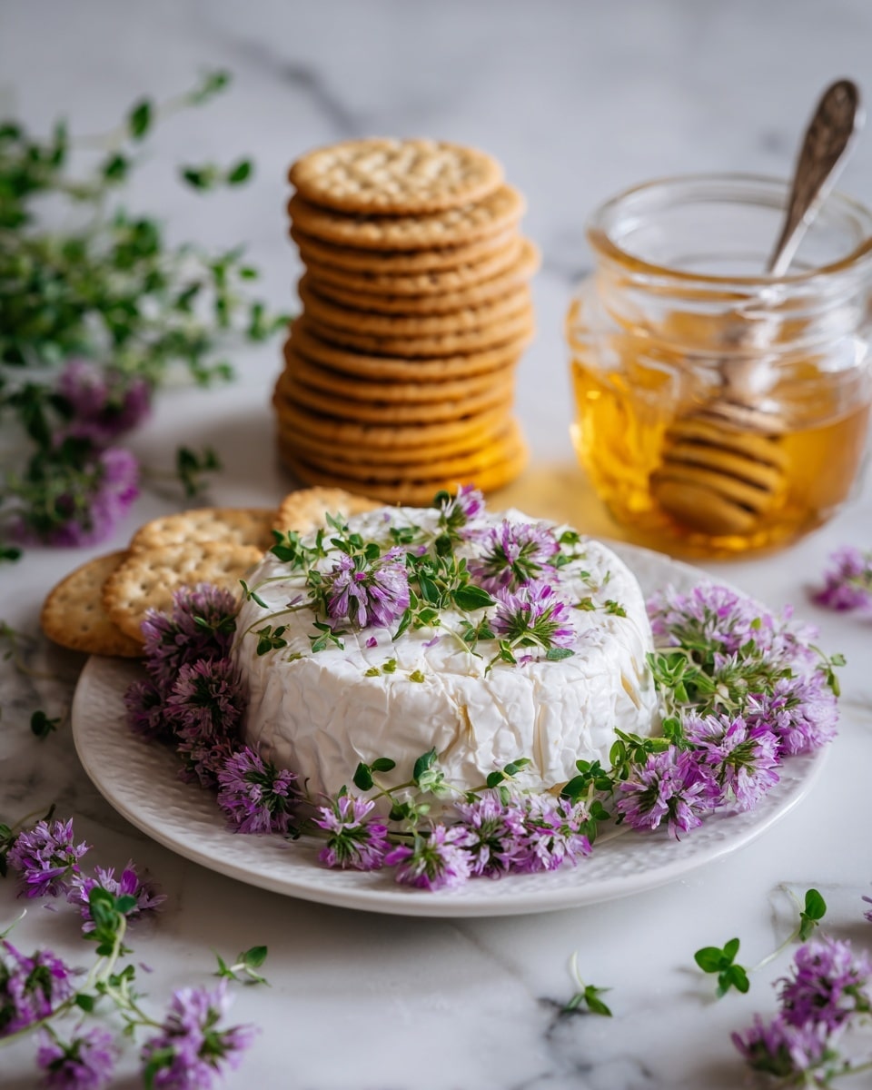 The image shows a white plate on a white marbled surface with a small, round mound of creamy white cheese in the center. The cheese is decorated with fresh green herbs and bright purple edible flowers, scattered around and on top. To the left of the cheese, two stacks of golden-brown round crackers are neatly placed. On the right, there is a small glass bowl filled with golden honey, with a silver spoon inside it. Next to the honey, there is a wedge of bright yellow lemon. The whole setup looks fresh and colorful, with soft natural lighting. photo taken with an iphone --ar 4:5 --v 7