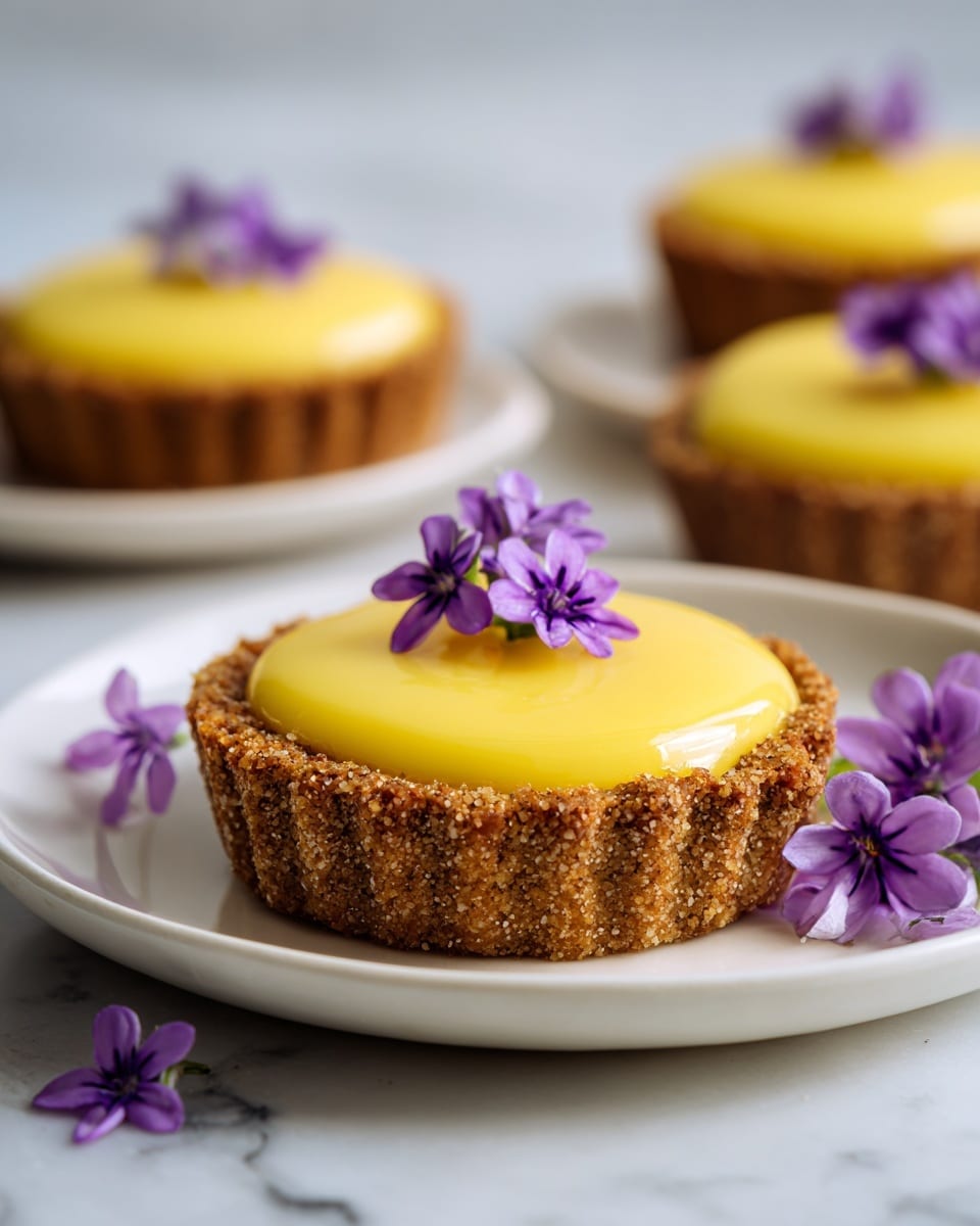 The image shows a close-up of a small tart with two main layers. The bottom layer is a deep golden-brown crust that looks crumbly and firm. The top layer is a smooth, shiny yellow filling that sits slightly raised in the center of the tart. On top of the filling, there are a few small purple flowers as decoration. The tart is placed on a white plate, which rests on a white marbled surface. There are more tarts blurred in the background and additional purple flowers lying beside the tart. The photo taken with an iphone --ar 4:5 --v 7