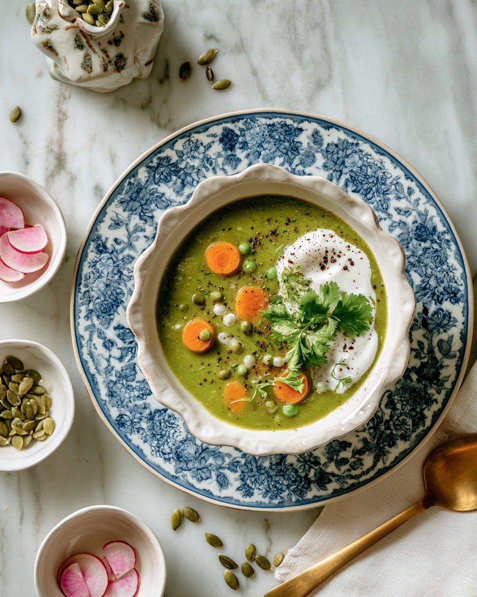 A white scalloped bowl filled with a green soup containing orange carrot slices, green peas, and small light yellow pieces, all sprinkled with black pepper, sits on a blue and white floral patterned plate. On top of the soup, there are three small piles: light green pumpkin seeds, white creamy yogurt, and bright pink pickled onions, with a bunch of green cilantro leaves centered at the top. The bowl rests on a folded white napkin, with a gold spoon placed on the right side over the napkin. The whole setting is on a wooden surface with scattered pumpkin seeds around. Photo taken with an iphone --ar 4:5 --v 7