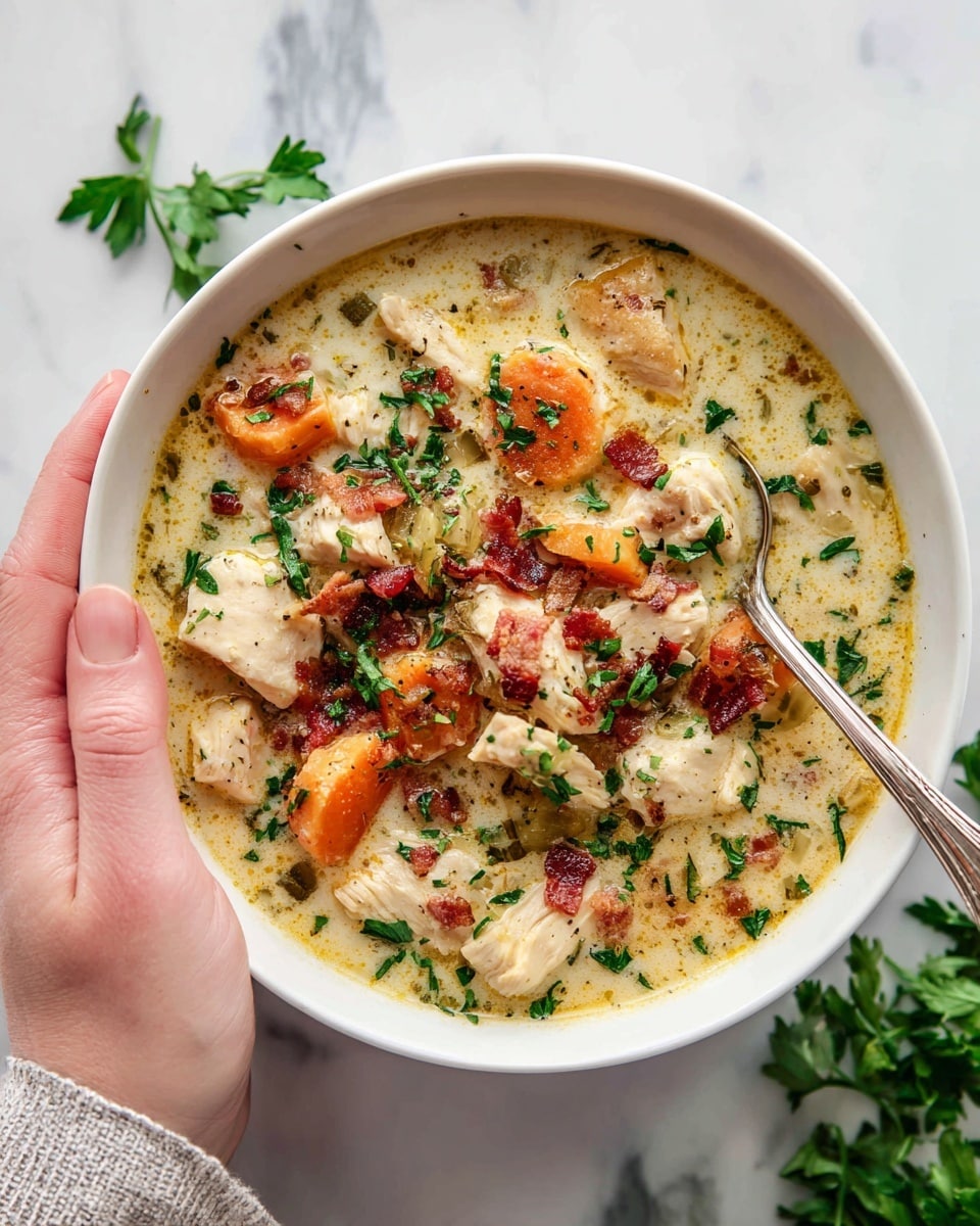 A white bowl filled with creamy soup that has chunks of light beige chicken pieces and soft orange carrot slices. The soup is thick and pale yellow, topped with small red bacon bits and sprinkled with fresh green parsley leaves. A silver spoon rests inside the bowl, with a woman's hand holding it gently from the side. The bowl is on a white marbled surface, and some green herbs are placed nearby. Photo taken with an iphone --ar 4:5 --v 7